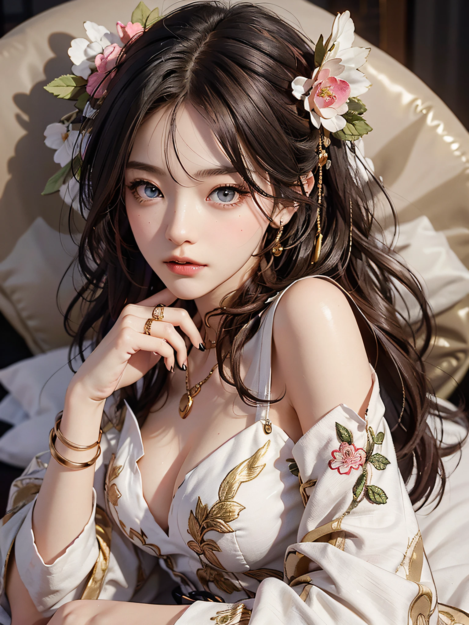 (Chinese Bride), (Wearing a pretty red Chinese wedding dress.), (Conservative Wedding Dresses: 1.4), ((Half lying in bed..)), (Chinoiseriety composition: 1.4), (Shy, tender, Exquisite Face, Fair-skinned, Vibrant Eyes, Beautiful eyebrows, Happiness and expectations, rosy lips, Soft face), (Cream-colored clothing: 1.4), (Wear delicate jewelry.., rings, necklaces)), Embroidered cross, (embroidery), (Conservative cream coat), rin, romantic, (full-body-shot: 1.5), (Curves of the body), Pleated decoration, (cinematic quality), (bestquality: 1.2), (Realism: 1.4), (in home), Photo Quality, ((Octane Rendering)), close up shot, photographic lighting, (Red-Gold Theme: 1.4),