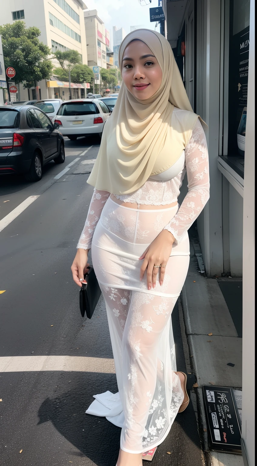 Matured malay women in hijab wearing white lace underwear lost in a middle of a busy city street, ultra realistic, beautiful matured malay woman, professional photography, ray lighting, milf,