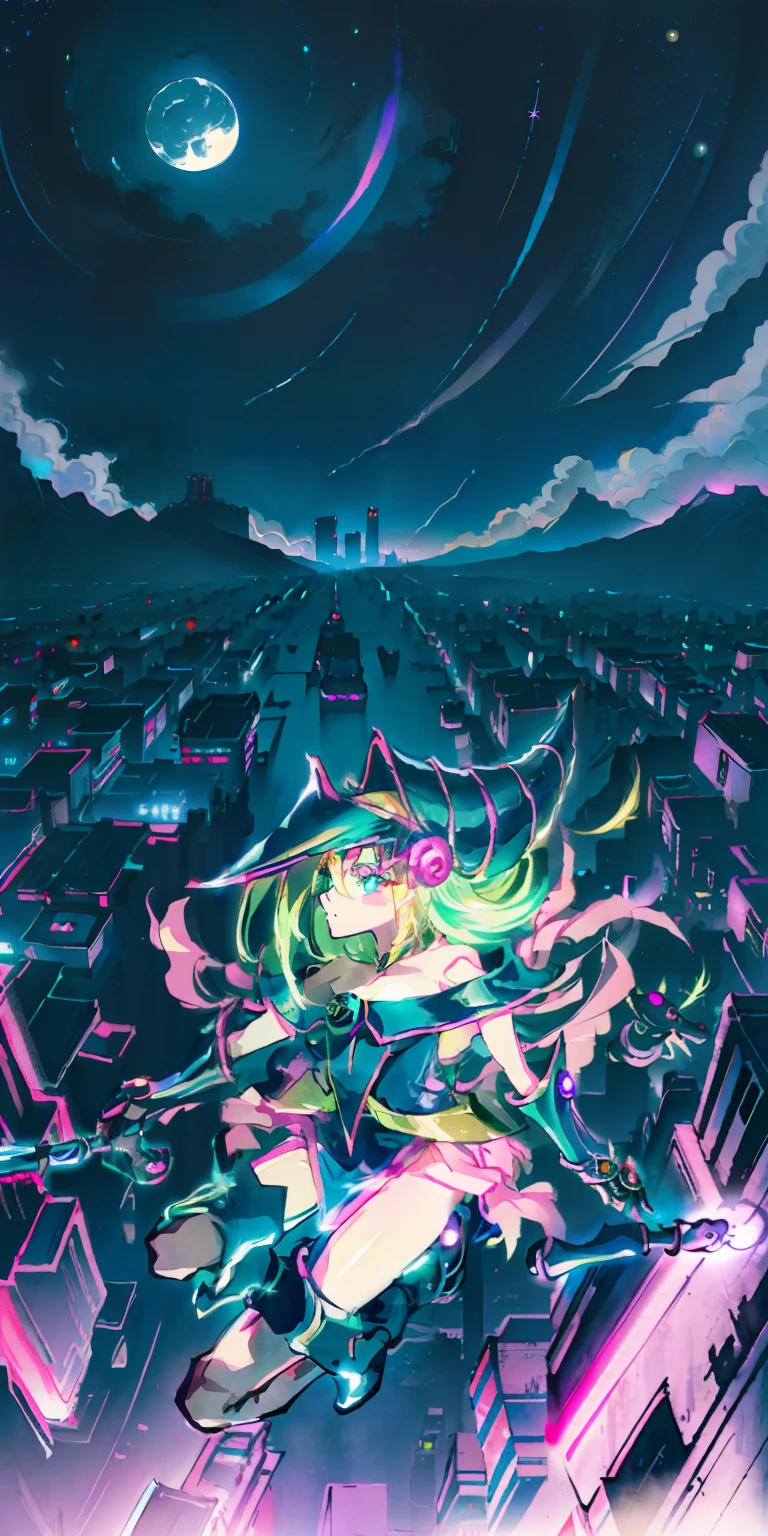 Mujer preciosa dark magician girl ( Neon cyberpunk ), Neon canta, Neon lighting, RTX dark magician girl lighting flying in the air. Encima de la ciudad a media noches. Luna llena. Cielos de estrellas. Dark magician girl volando