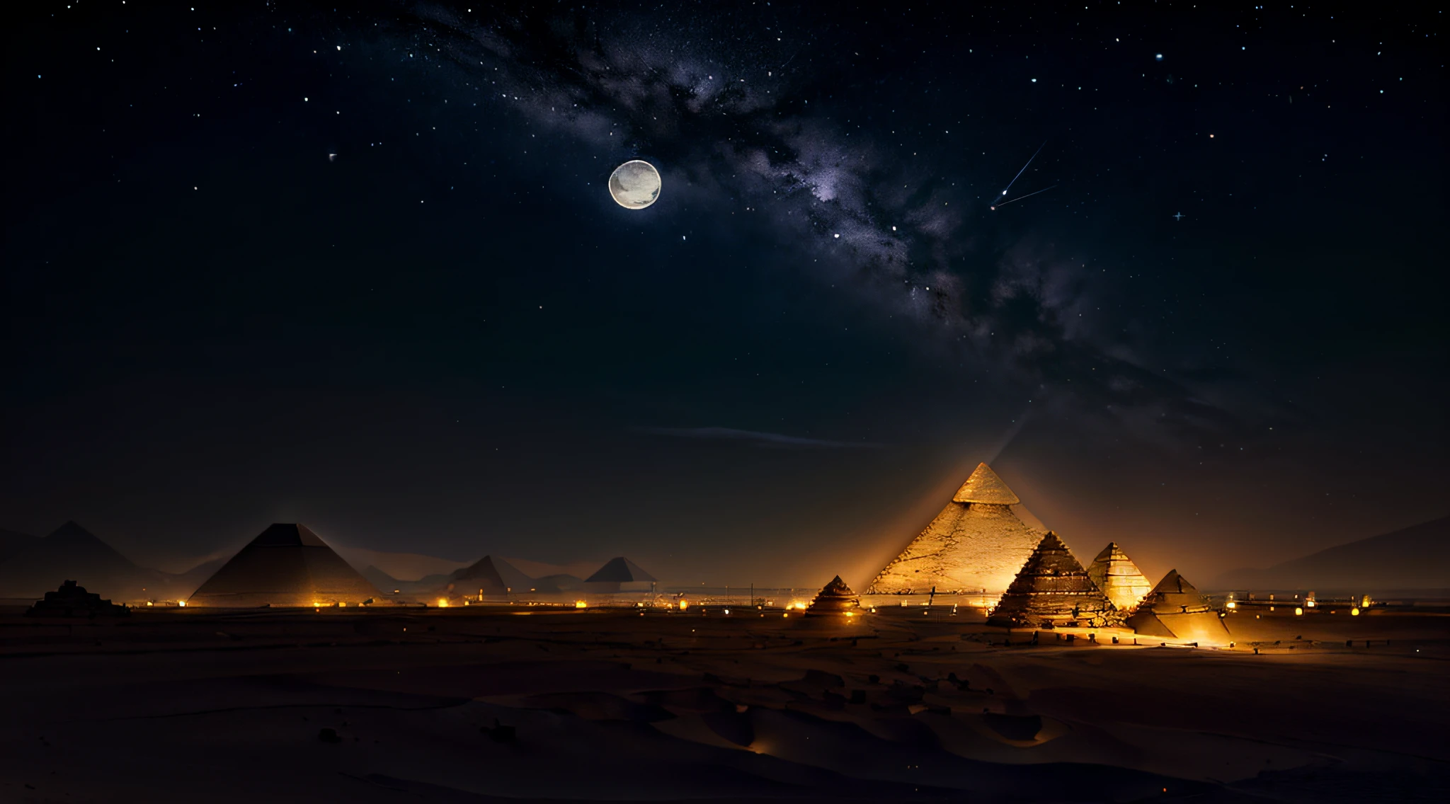 In the quiet stillness of the Egyptian night, the Pyramids of Giza stand bathed in the soft, silvery glow of the moon. The desert expanse around them is tranquil, with a hint of mystery in the shadows. The atmosphere is serene and contemplative, as the pyramids appear to hold ancient secrets under the moon's watchful eye. Sculpture, capturing the intricate details of the pyramids in moonlight