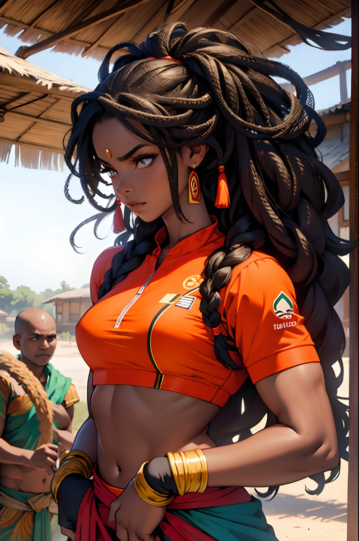 Rampart,dark skin,forehead jewel ,nose piercing, side ponytail ,brown hair, solo, standing, smiling,   upper body,  underboob,  arms on head,  covered nipples, 
RampJS,jewelry,orange jumpsuit with white stripes, knee pads , right glove, green crop top,  cleavage, 
tool shop, morning, grease, oil marks, 
(insanely detailed, beautiful detailed face, masterpiece, best quality) 
 <lora:Rampart-10v3:0.7>