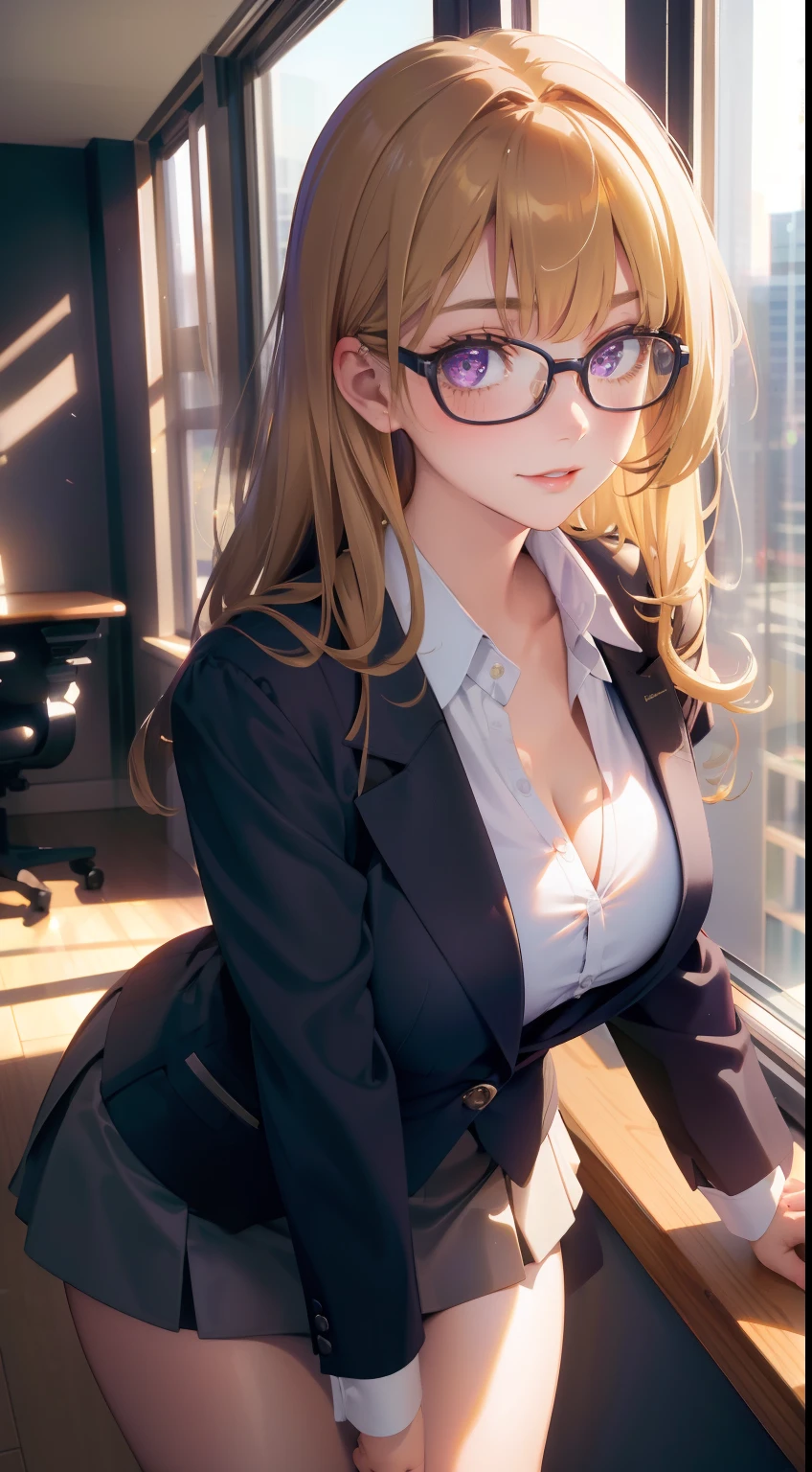 (Best quality:1.1), (Masterpiece:1.2), Highqualityshadow, Beautiful detailed, Beautiful face, Detailed eyes, Off-the-shoulder attire,Depth of field, A high resolution, Best shadow, Best illumination, 1girll, view the viewer, (Blonde hair:1.3),short detailed hair, Blunt bangs, Long hair, Purple eyes, Shy, Large breasts, Miniskirt, blouse, Blazer, Pump, Office Lady, Glasses,cleavage,looks into camera,ssmile,closeup cleavage