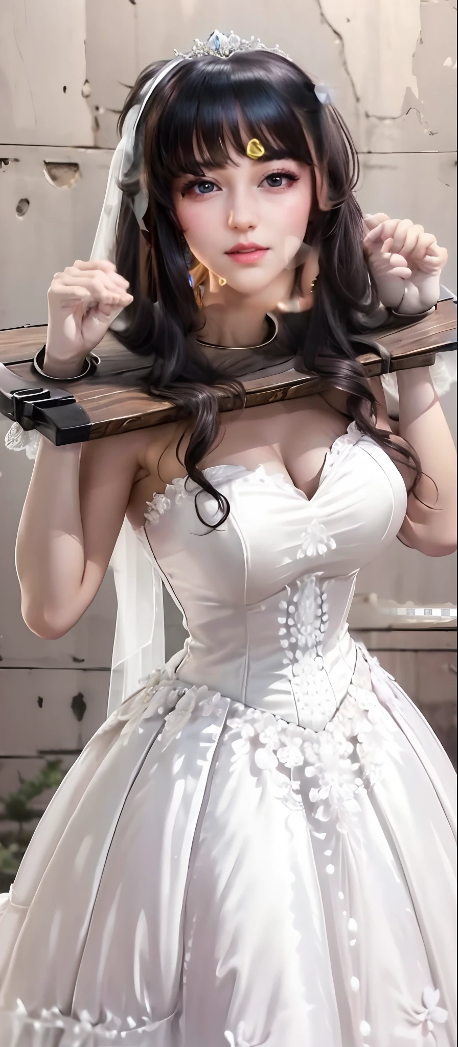 Close-up of a beautiful bride wearing a beautiful wedding dress, Gurwitz,（Pillory：1.5）, （flail：1.2）,  flail on the head, flail on the hands,(bridal veil: 1.5), (transparent short veil: 1.5), flushed face, head flower, tiara, Very detailed princess wedding dress,(tube wedding dress: 1.5), (silk dress: 1.2 ), (strapless wedding dress: 1.5), （floor length skirt：1.2）, pure white dress,white long skirt, necklace, earrings, (huge breasts: 1.3), deep V heart-neck wedding dress, bangs, lipstick, (lace gloves: 1.3),  high detail RAW Color art,