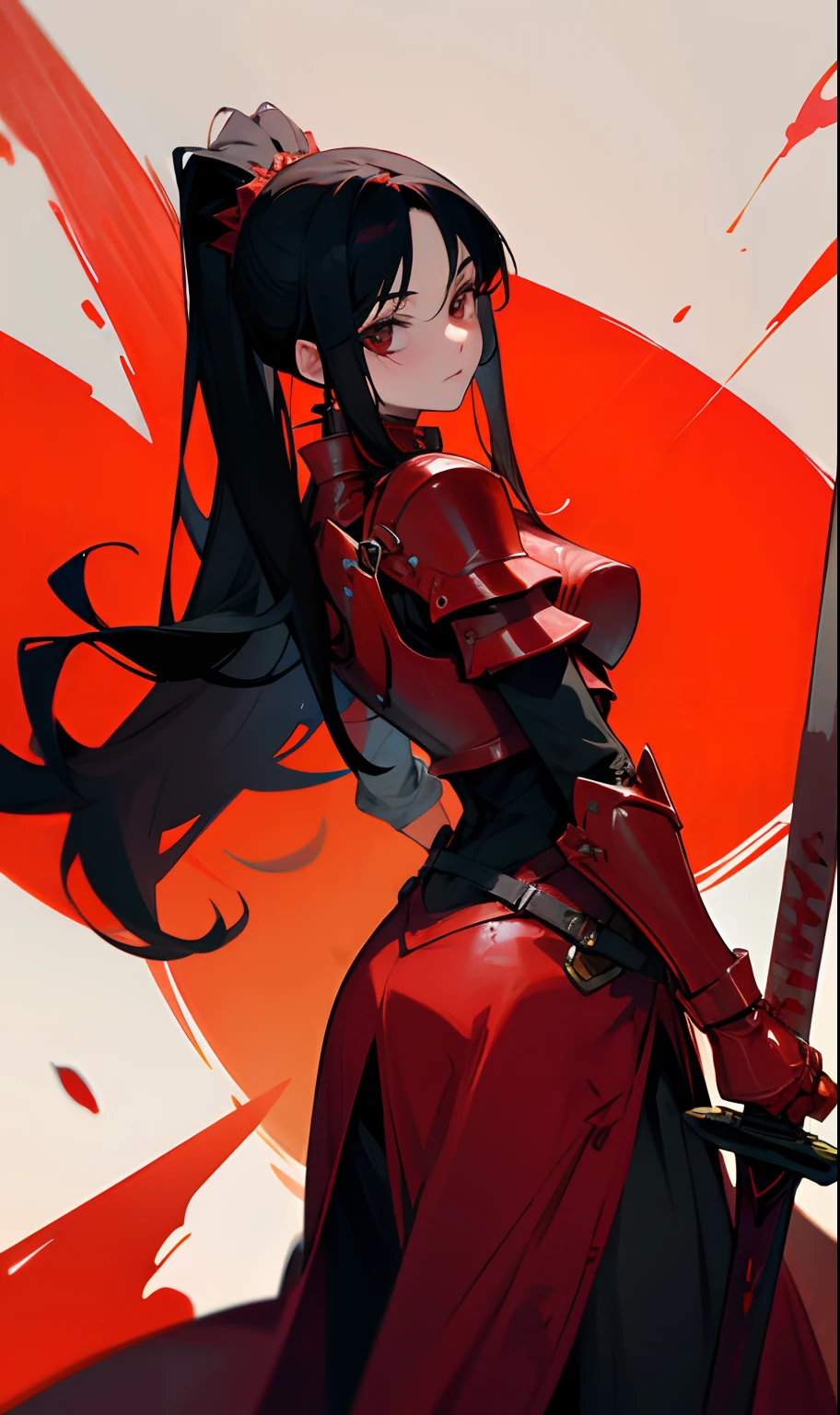 Girl wearing an all-red armor made of blood holding a bloody red sword with long black hair up to her back
