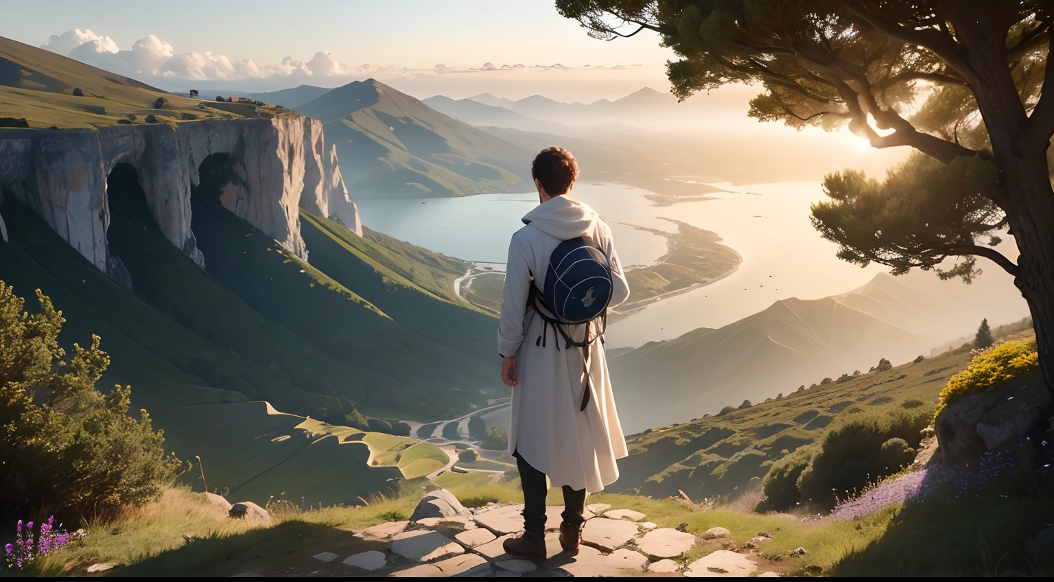 Create an image that captures the sense of renewal and hope that Nikos (homem jovem) found it by embracing nature and overcoming depression. Represent Nikos standing on top of a mountain, with the gentle winds of Greece shaking their hair. He's looking at the horizon, where the sun is rising, symbolizing the beginning of a new day and a new phase in your life. Ao redor de Nikos, mostre a flora exuberante das montanhas gregas, with verdant trees and blooming wildflowers, demonstrating the power of nature's renewal. A luz dourada do sol deve banhar toda a cena, criando uma atmosfera calorosa e inspiradora. A imagem deve transmitir a ideia de que, assim como a natureza se renova e prospera, Nikos also found a new light in his life, symbolizing your journey of overcoming and hope.