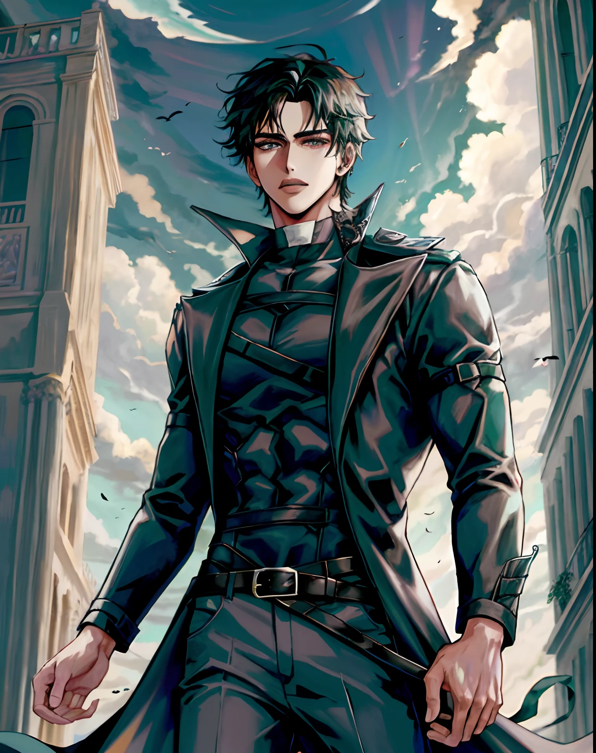 1boy, (hombre), cuerpo varonil, anime, extremadamente detallado, hiperdetallado, (hombros anchos), (CARA PERFECTA), illustration, dim lighting, 2d, intrincado, toma de vaquero, ojos detallados, cabello negro, cabello corto, ojos grises , sexy, tonificado, esmoquin negro, (afuera), torre del castillo