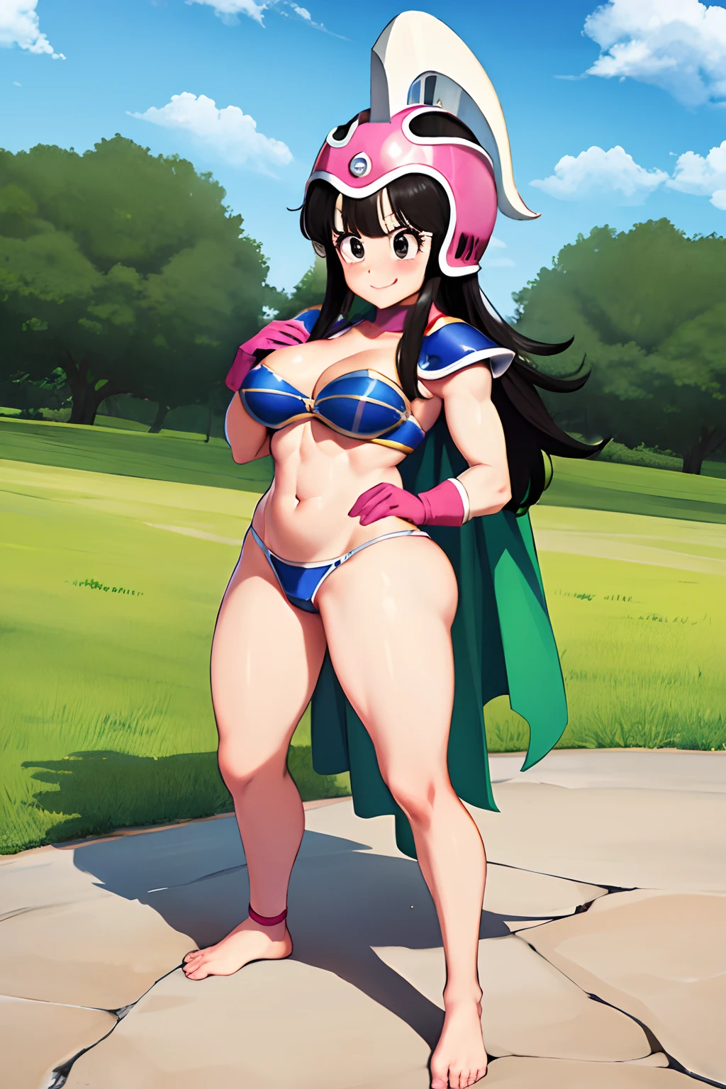 masterpiece, best quality, highres, dragon ball, aachichi, long hair, helmet, pink headwear, black eyes, large breasts, shoulder armor, bikini armor, green cape, pink gloves, navel, groin, embarrassed, standing, blush, smile, outdoors,  FL, foot lick, licking foot, feet, tongue on sole, toes, 1 girl, barefoot