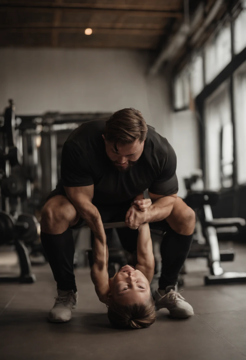 there is a man sitting on a man's face in a gym, a portrait by Daniel Lieske, reddit, happening, body swelling about to explode, shoulder level shot, handling riffle on chest, sitting on bent knees, low quality video, extended clip, flex box position, resting on chest, low quality footage, squatting, video still, insanely inflated hips