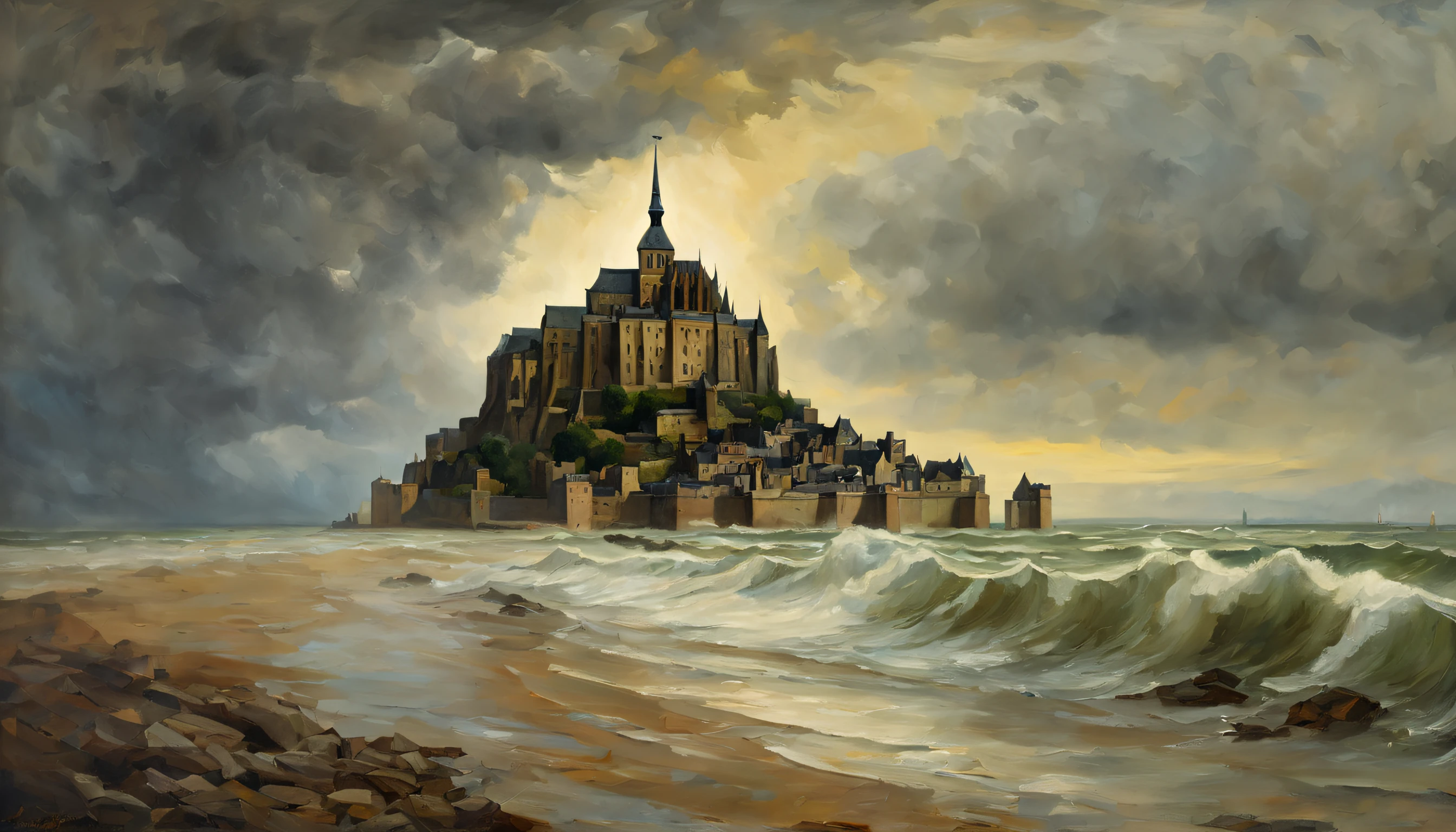 Mont Saint-Michel under a dramatic, stormy sky, waves crashing against the base of the island, the abbey's spires reaching towards the heavens, an atmosphere of mystery and power, Painting, oil on canvas with emphasis on turbulent weather