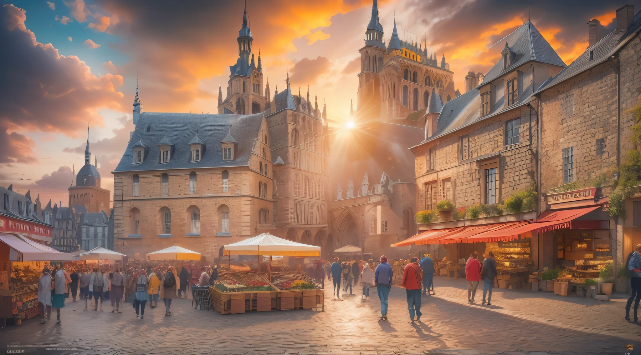 Mont Saint-Michel, a bustling medieval village at the base of the abbey, market stalls, and lively streets, villagers going about their daily lives, a scene of historic vibrancy and community, Illustration, digital art with attention to architectural details, (8k, RAW photo, best quality, masterpiece:1.2, masterpiec8K.HDR. highresabsurdres:1.2, film grain, blurrybokeh:1.2, lens flare, (vibrant color:1.2), (delicate))