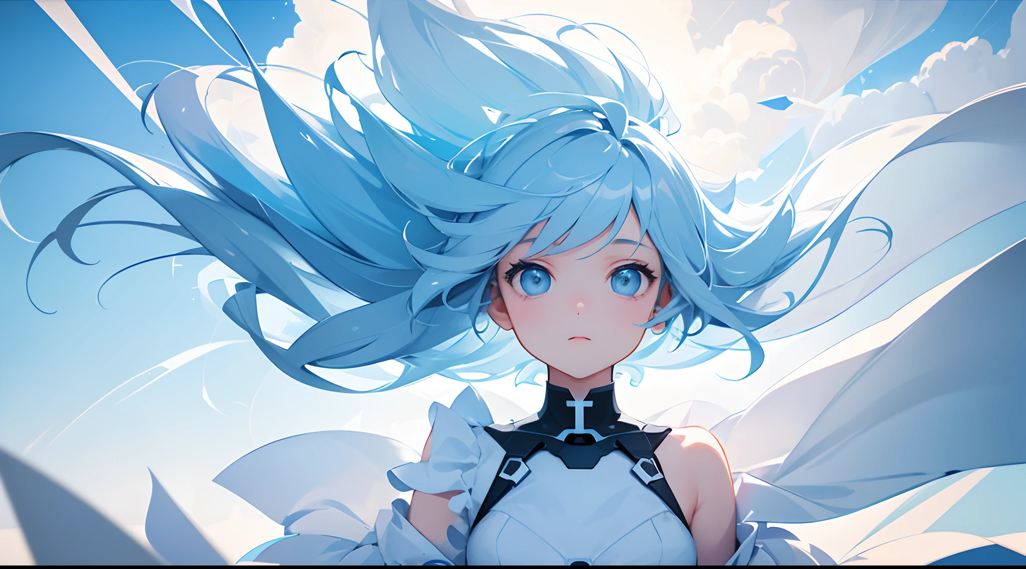 masterpiece, best quality, movie still, 1girl, floating in the sky, cloud girl, cloud, (close-up:1.1), bright, happy, fun, soft lighting, (Bauhaus, shapes, lines, abstract:1.1)