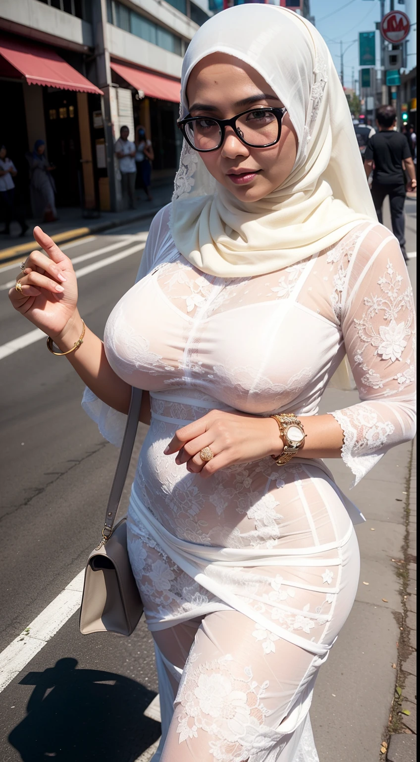 Matured malay women in hijab wearing white lace underwear lost in a middle of a busy city street, ultra realistic, beautiful matured malay woman, professional photography, ray lighting, milf,