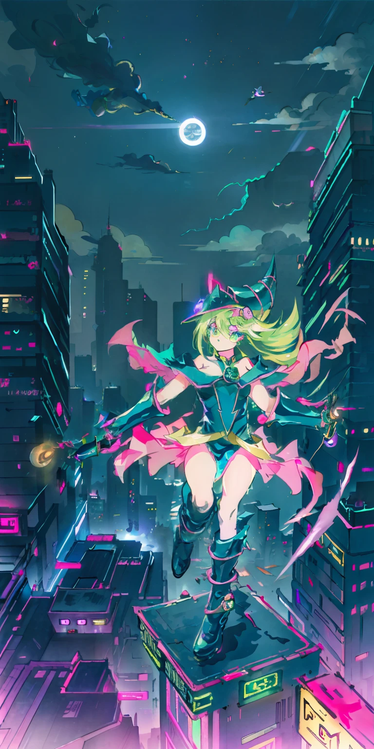 Mujer preciosa dark magician girl ( Neon cyberpunk ), Neon canta, Neon lighting, RTX dark magician girl lighting flying in the air. Encima de la ciudad a media noches. Luna llena. Cielos de estrellas. Dark magician girl volando