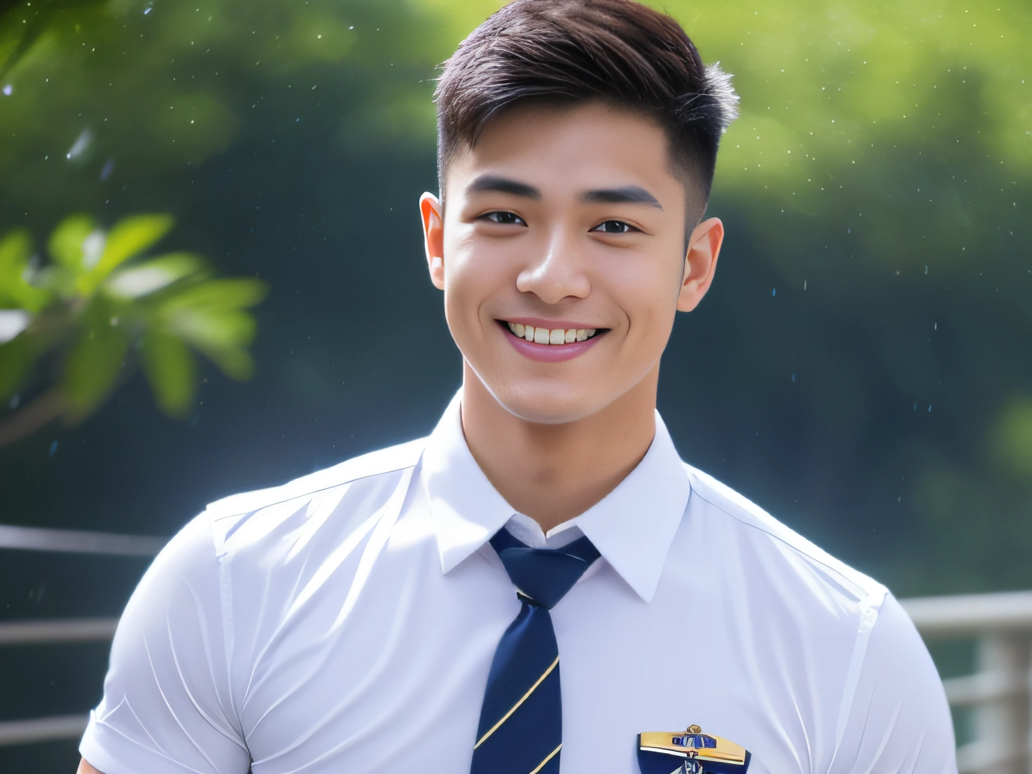 A handsome men ,20 age , Short Hair Hair, korea , Student，Intermediaries, (((Wear a white shirt with a navy tie.......))), full body view,smile ,Pectoral muscles, Big arm muscles,  Big muscles, Wide shoulders ,athlete , Upper body (1), It's raining: 1.3, gym: 1.2, body dripping wet: 1.1, Cycling