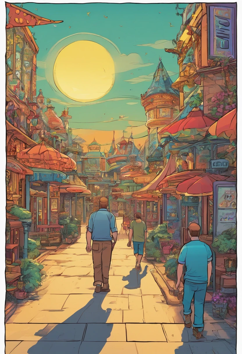 two men walking away in an amusement park, theme park, low lighting, gift shop background