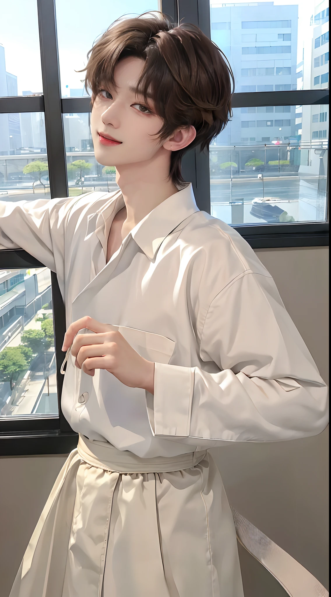 ((4K works))、​masterpiece、（top-quality)、((high-level image quality))、((One Manly Boy))、Slim body、((Black street fashion))、(Detailed beautiful eyes)、window、Face similar to Chaewon in Ruseraphim、((short hair above the ears))、((Smaller face))、((Neutral face))、((Light brown eyes))、((Korean boy))、((18year old))、((Handsome man))、((Smiling expression))、((Korean Makeup))、((elongated and sharp eyes))、((photo of a model))、Professional Photos、((Shot alone))、((Upper body photography))、((model poses))