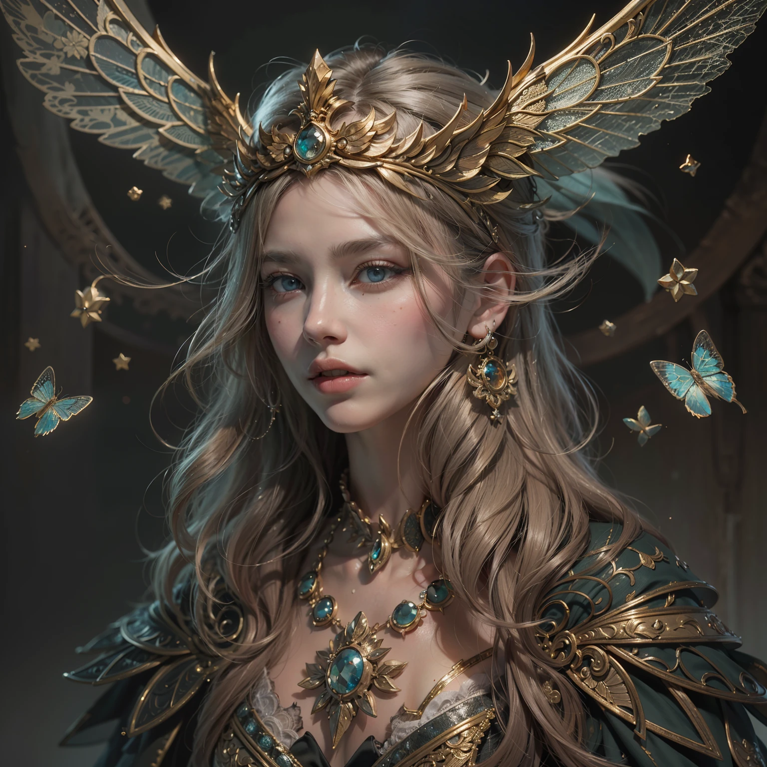 Taylor swift as (Numerous award-winning masterpieces, with incredible detail, textures and maximum detail), (full-body standing image:1.8), (upper body up:0.3), (hyper realistic:1.4), (realistic:1.3), (best quality real texture skin), (Beautiful fairy high rank wizard: 1.7), (holds a long wizard's staff that is elaborately decorated and emits a mysterious light: 1.7), (finely detailed true circle Symmetrical eyes), (finely drawn beautiful face), ((medieval world)), (Wearing a wizard's black hat: 1.6), (A jet-black cloak with delicate decorations: 1.6), (A cloak with delicate decorations, although it is damaged and faded: 1.5), (full-body standing image:1.8), (Beautiful clear eyes), (slight smile), (beautiful colored eyes full of joy), (Advanced fairy wizard who releases magic from his fingertips: 1.3), (Shining majestic cloud masses and sky:1.4), (Magic circle that emits light strongly: 1.3), Dramatic Light, majestic sight, (Four large, transparent wings with wing veins similar to dragonfly wings behind the shoulders: 1.9), (((folded wings))), Glass earrings on the ears, (((dramatic photo))), (full-body standing image:1.8), (golden hair), (silver hair), (chestnut hair), Short cut hair, ((looks up)), ((looking down)), (Around her neck is a simple necklace of exquisite workmanship), Old ruins infested with plants, great temple, great cathedral, temple ruins, detached temple, (Luminous magic circle), Ruins of an ancient castle, Deserted ruins, crumbling ruins, Ancient ruins with clear water, highly detailed, ultra-realistic, intricate details, painting (artwork), ((masterpiece,best quality)), ((cinematic light)), hyper realistic, fearsome, dark fantasy, Sacred Light, epic realistic, faded, ((neutral colors)), art, (hdr:1.5), (muted colors:1.2), hyper detailed, (art station:1.5), cinematic, warm lights, light effect, dramatic light, (intricate details:1.1), complex background, (Greg Rutkowski:0.8), (teal and orange:0.4), Wood Kingdom and big castle in background
