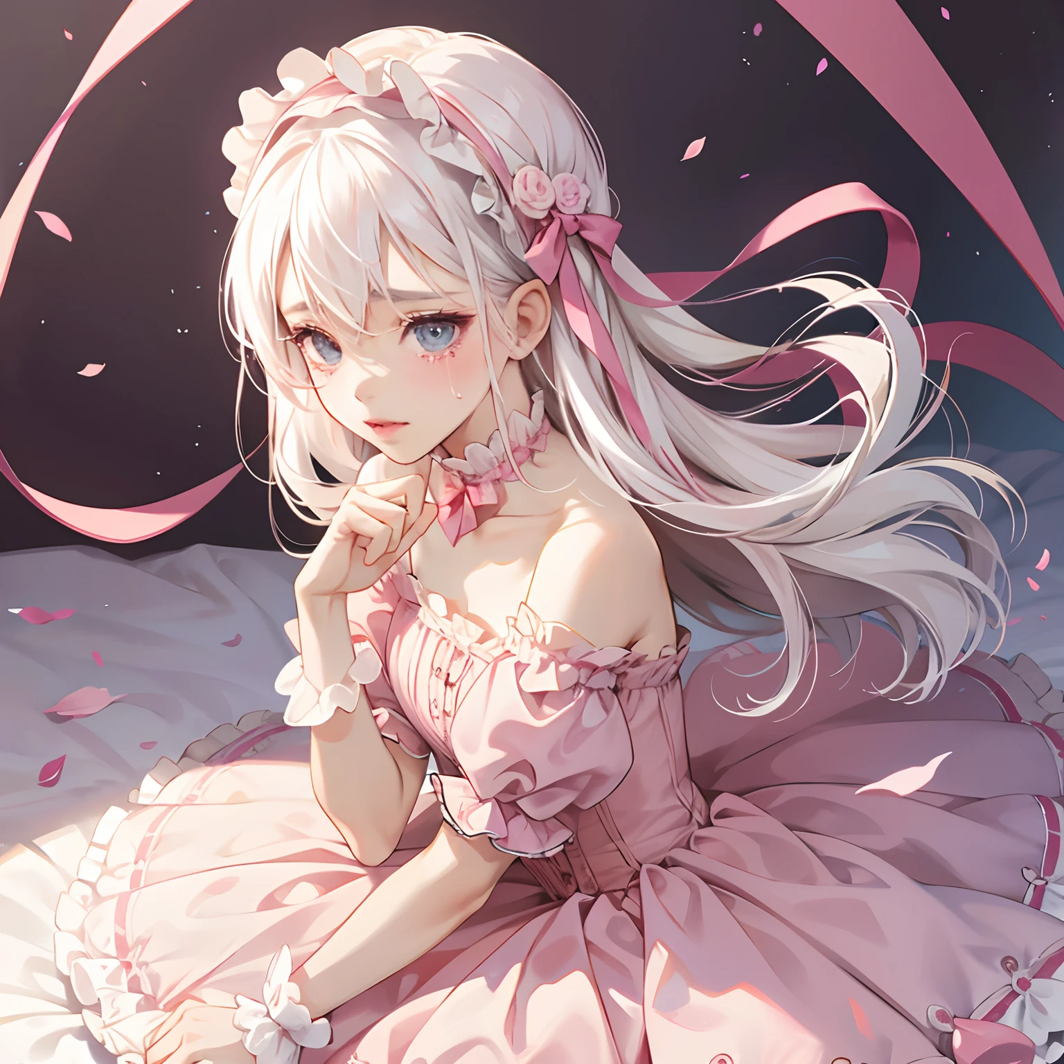 white hair, 1 girl, wearing a pink ta dress, lovely, feminine, childish personality, going to cry