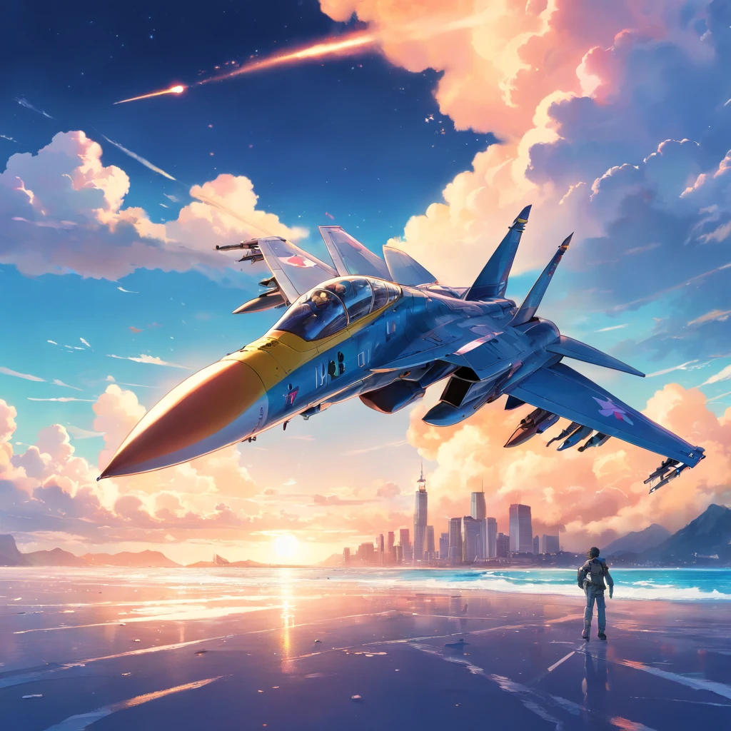 fighter jet, airplane, aircraft, sunset, raining, no humans, flying, city, skyscrapers, military,