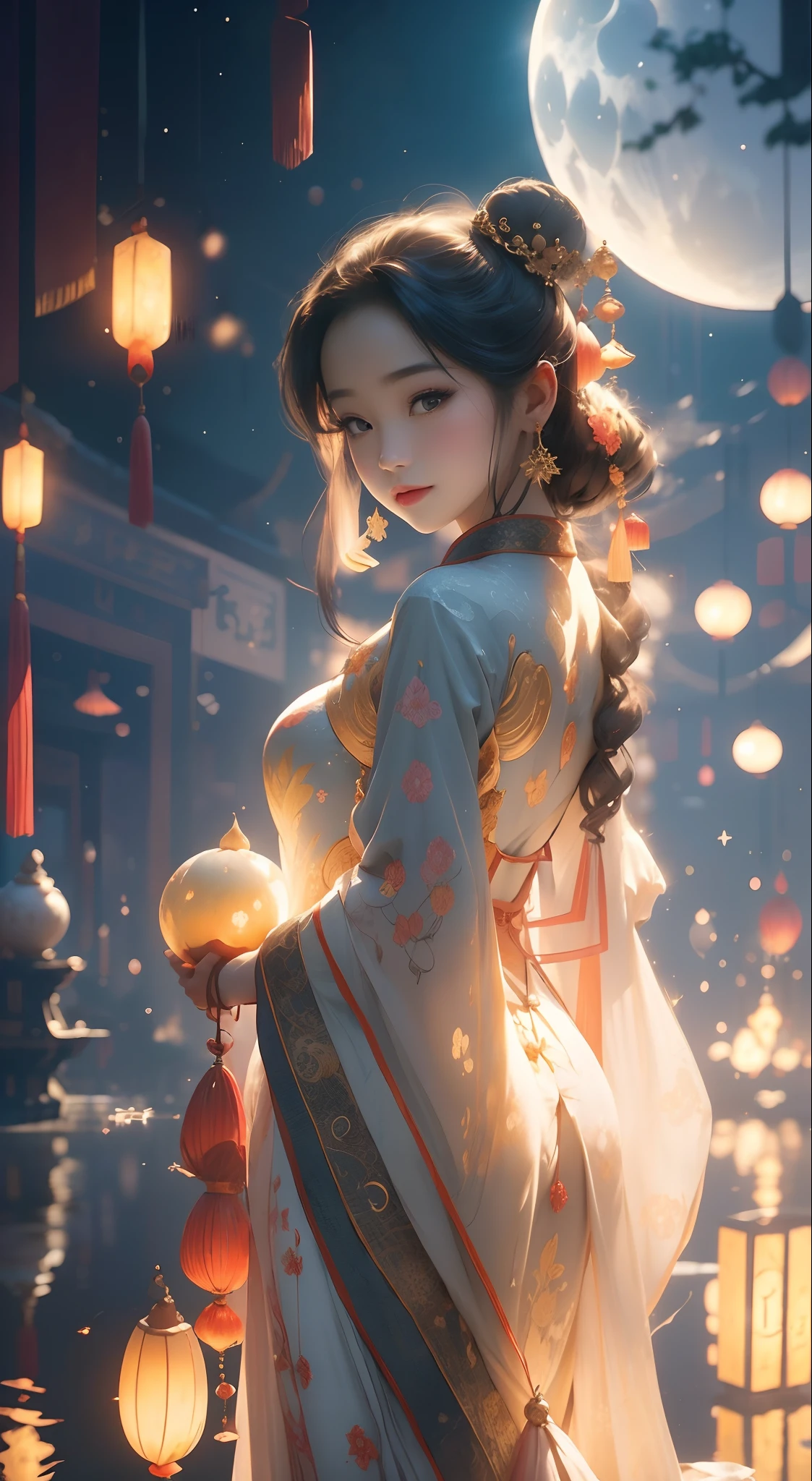 Chang'e and the rabbit's moonlight Mid-Autumn Festival, Masterpiece:1.2, Ultra-detailed, Realistic:1.37, Night scene, Tranquil atmosphere, Vivid colors, glowing lanterns, Mooncake feast, Traditional clothing, Elegant Chang'e, Delicate facial features, floating dress, Gentle smile, Graceful posture, Glowing full moon, Brilliant moonlight, glistening stars, Color harmony, Traditional Chinese gardens, enchanting scenery, Tranquil lotus pond, Peaceful night sky, The reflection of the moon on the water, Artisan painting, Soft brushstrokes, Ethereal atmosphere, Golden glow, Festive celebrations,(Moon Rabbit:1.3), Cute and fluffy, Fun interaction, Joyful festive atmosphere, Cultural heritage, Auspicious vibes.
