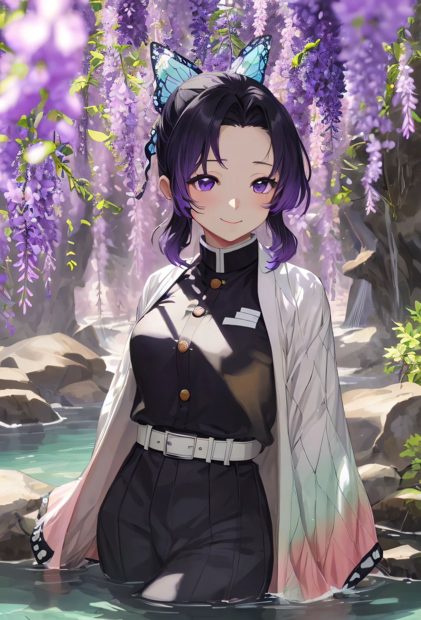 masterpiece, best quality, ultra-detailed, illustration, 1girl, solo, kochou shinobu, multicolored hair, no bangs, hair intakes, purple eyes, forehead, wisteria, black shirt, black pants, haori, butterfly, standing waist-deep in the crystal clear water of a tranquil pond, peaceful expression, surrounded by lush green foliage and wildflowers, falling petals, falling leaves, large breasts, cowboy shot, buttons, belt, light smile, (no hand:1.2), heart-shaped pupils,