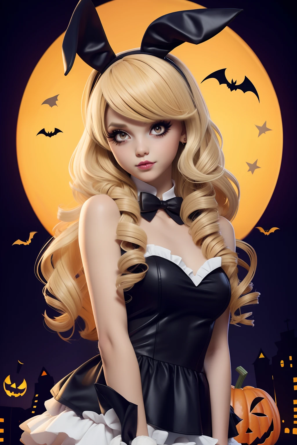 Girl in bunny Halloween costume, with bunny headband, blonde long hair Emo Pin up Girl, bunny tail, halloween dress, Striking a pose, natural make up, skinny girl, innocent, night in a grave