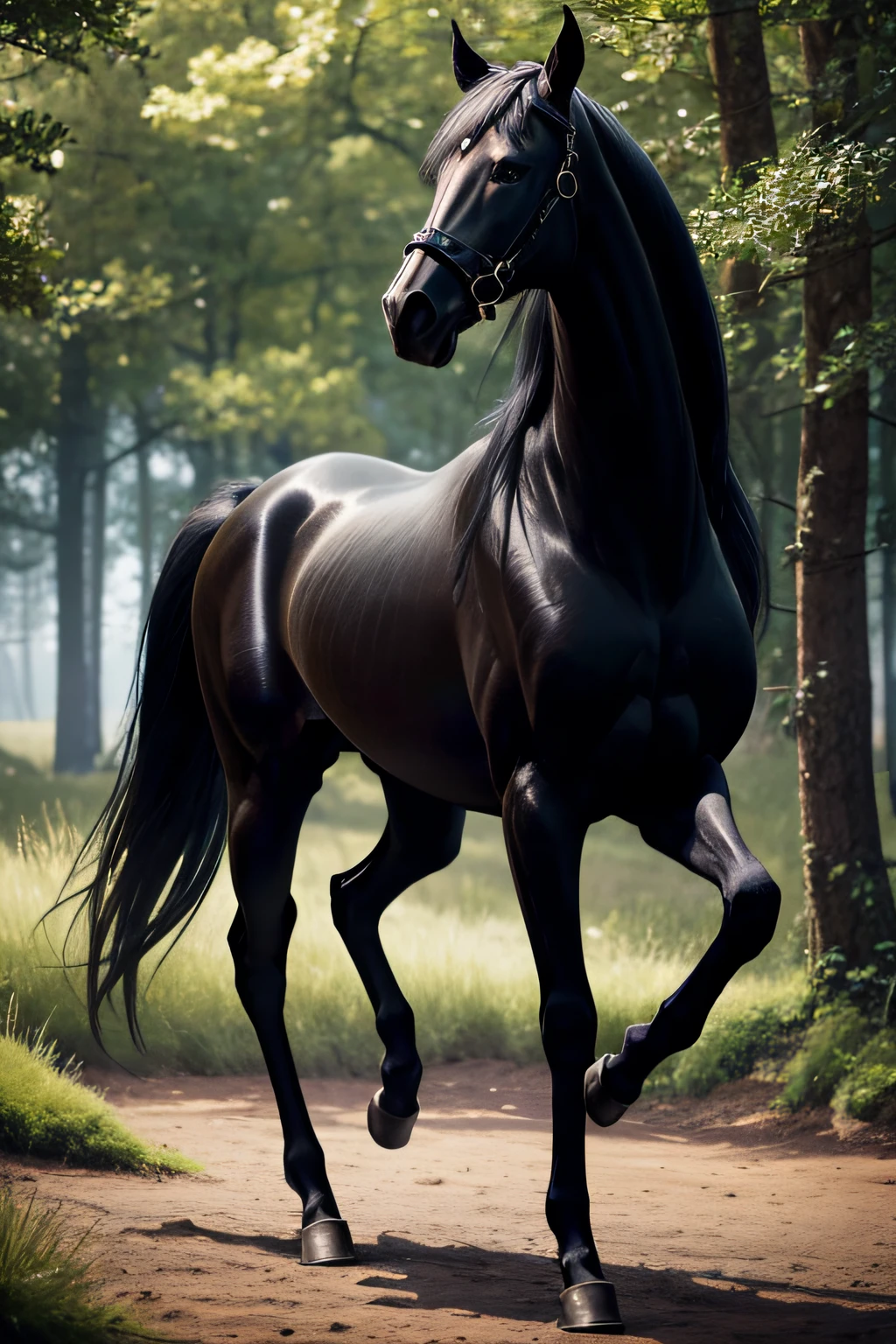 black horse rearing up on its hind legs, best quality,4k,highres,masterpiece:1.2,ultra-detailed,realistic, Kelpie, majestic presence,natural environment,serene atmosphere, ethereal lighting,graceful movement, fantastical creature,mesmerizing beauty,powerful and captivating gaze,fine details, slender and elegant body shape,nature-inspired elements,subtle hues,detailed textures,mythical being,