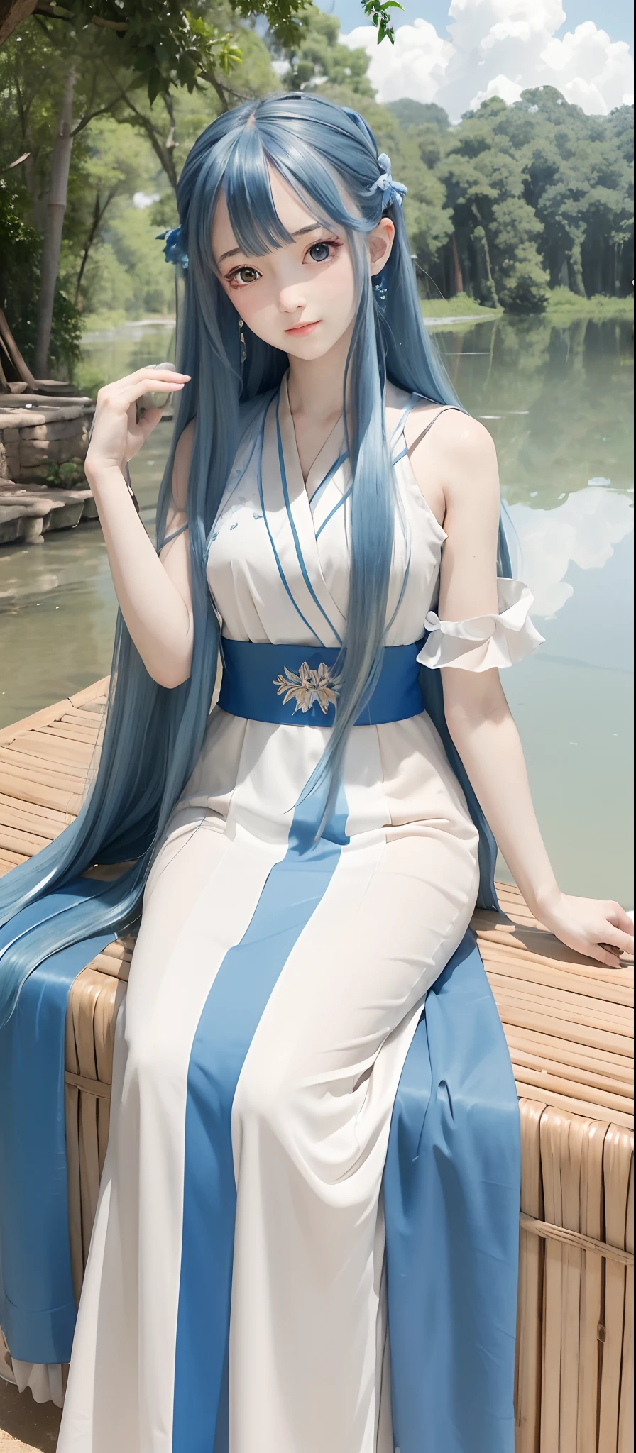 Masterpiece, Best Quality, Official Art, 8k Wallpaper, Very Detailed, Illustration, 1 Girl, Sky Blue Hair, Long Hair, Detailed Eyes, Forrest Gump, Bare Shoulders, Hanfu, Lake, Pure, Soft Smile, bamboo, tea