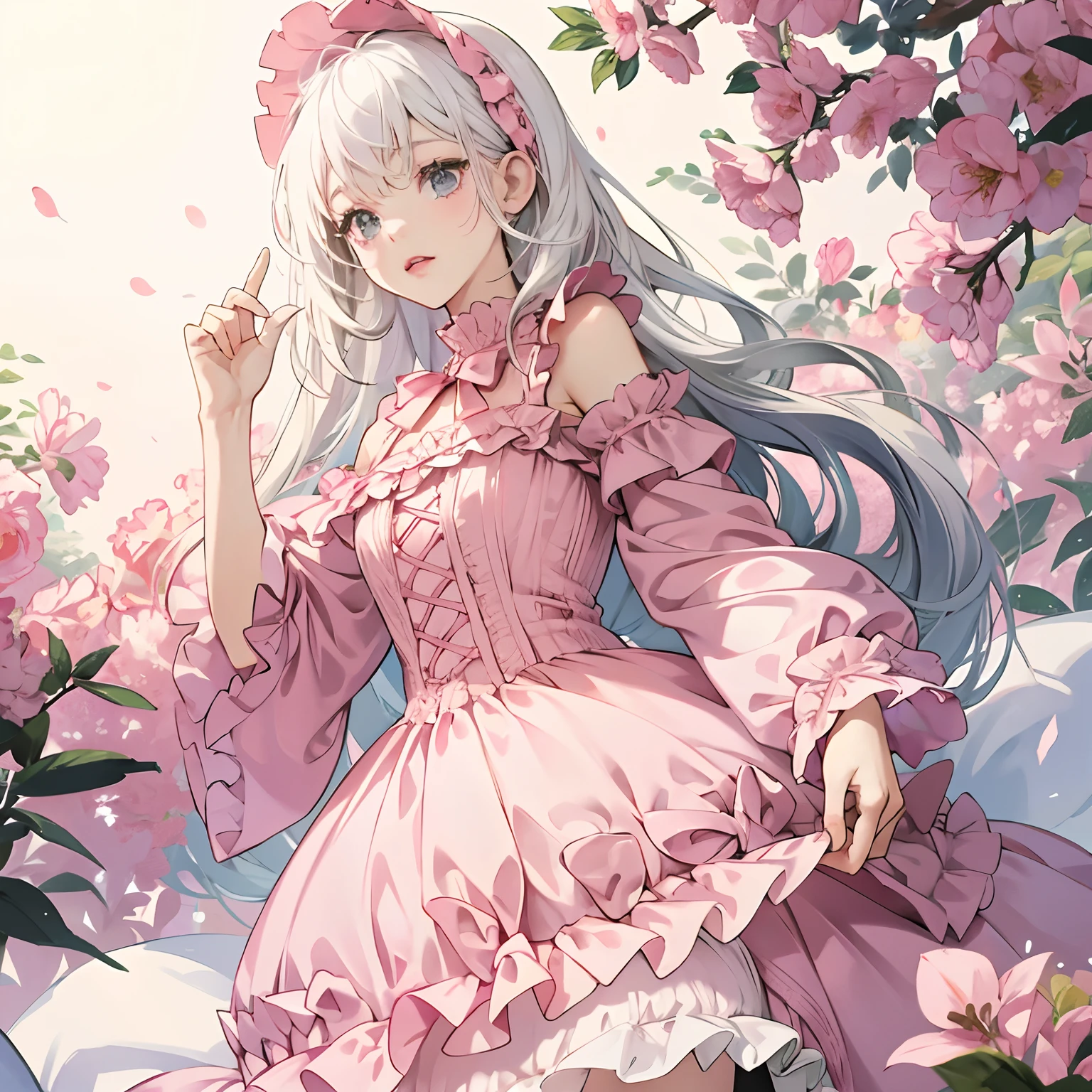 white hair, 1 girl, wearing a pink lolita dress, lovely, feminine, childish personality