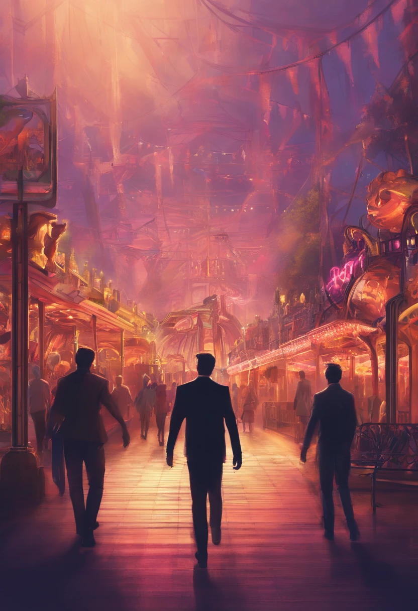 two men walking away in an amusement park, theme park, low lighting, gift shop background