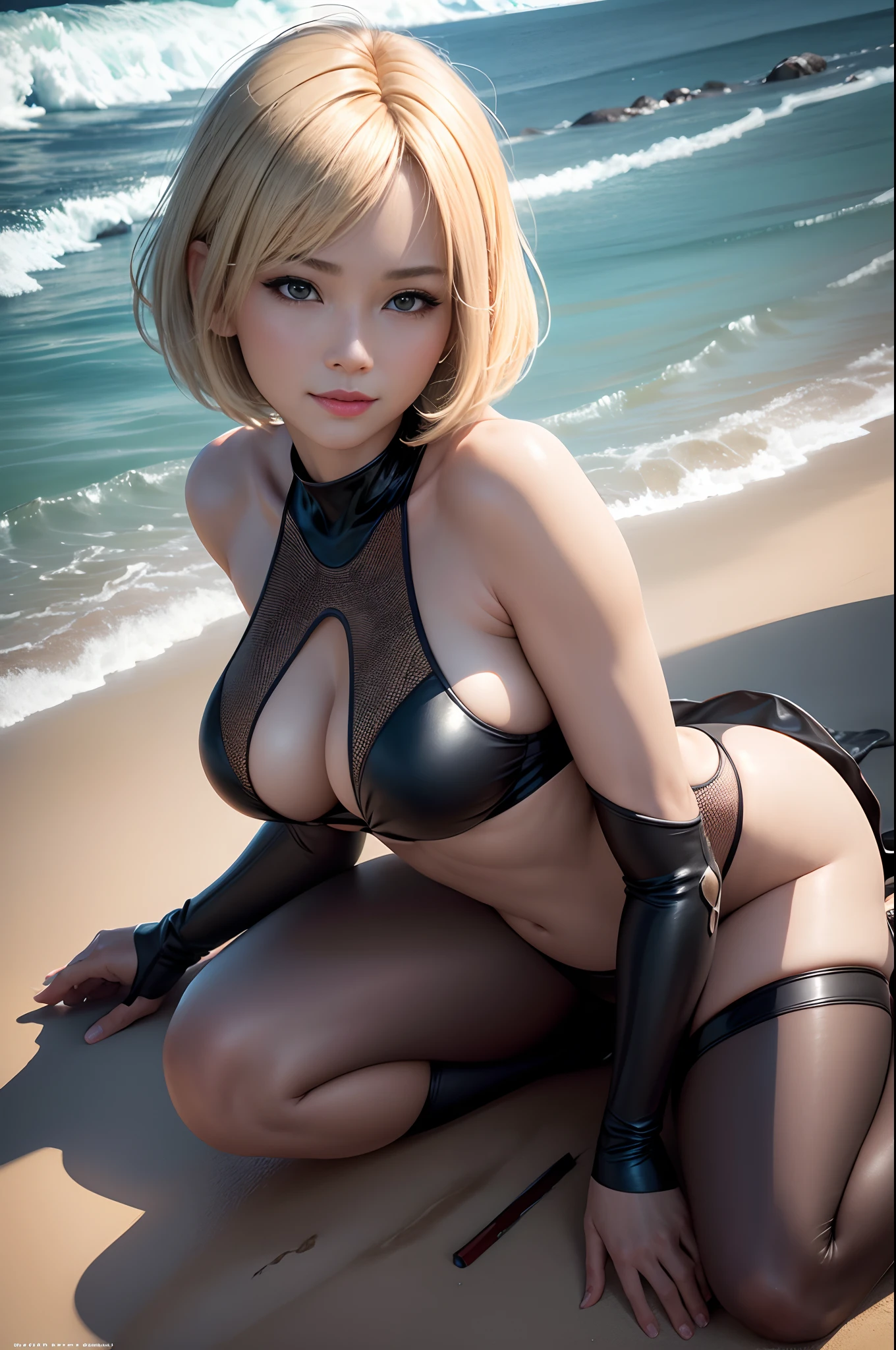 Beautiful mature blonde short bob asian woman、Super beauty (Jaws like the real thing) Black and white sexy swimsuit all-fours ((Slimed、小柄))、A smile Have a beer on the beach sexy pose enticing Photorealsitic、a picture、masterpiece、reallistic、真实感、photorealisim、High contrast、Photorealistic Art Station Trend Digital Art 8k HD High Resolution Explanation Real, detaileds, Skin Texture, ultra-detailliert, realistic skin textures, armature, top-quality, 超A high resolution, (Photorealsitic:1.4),, hight resolution, detaileds, Raw foto, Sharp Re, Nikon D850 Film Stock Photo by Lee Jefferies 4 Kodak Portra 400 Camera F1.6 lenses rich colors hyper realistic lifelike textures dramatic lighting unreal engine artstation trends synestil 800,