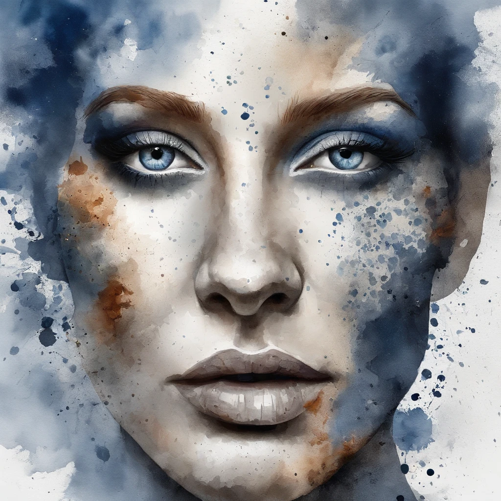 3d puzle , staring beauty woman  , redhead, Ogive explosive, Machine parts embedded in the face, Volatil, inspired by Igor Morski, Dramatic artwork, photomanipulation, Manipulation de photos, Disintegration,, explosion of data fragments, tinnitus, official artwork, incredibly high detailed, Photoshop Art, effet de bruit, dark blue