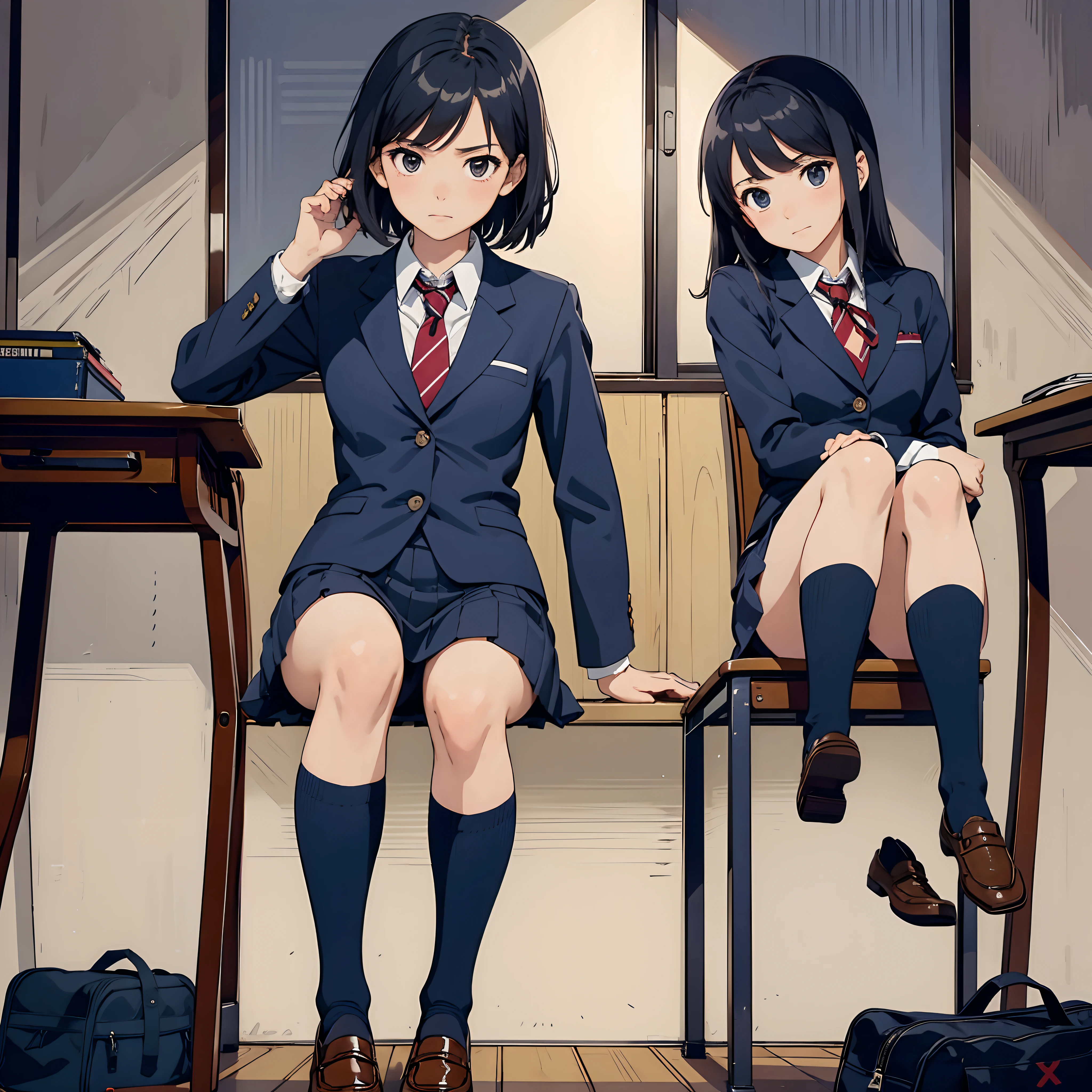 Japanese School, crass room, desk work, Chair, Beautiful High School Girl, a high school boy、Blazer, neck tie, high socks, Loafer schoolgirl, High school girl sitting on chair,Man sitting upright on the floor、 legs crossed, Looking down, (Foot View), Glaring expression,(Shoe soles)