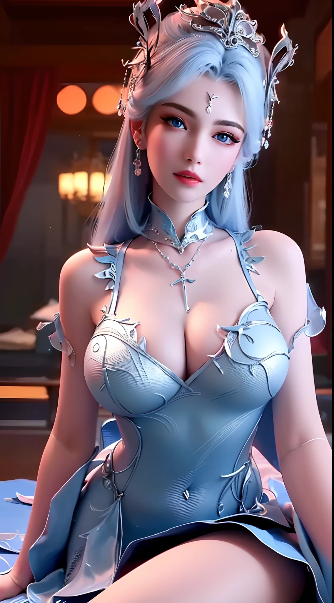 An extremely beautiful girl, ((wearing a super thin short nightgown:1.8)), nightgown with deep slit in the chest, sexy red lace short nightgown, ((supine position with chest up:1.5)), sexy nightgown style, long hair and silver bangs with a hint of light blue, the most beautiful and detailed hair jewelry, beautiful little face thin eyebrows, the most beautiful and spotless face, ((black iris:0.8)), the very beautiful eyes, big round eyes, ((blue color eyes:1.1)), fine and detailed makeup eyelashes, high nose, wearing earrings, small red lips, rosy face, clean face, beautiful face without blemish, smooth white skin, ((big breasts: 0.9)), Blums boobs, ((big and super round breasts:0.9)), ((super tight breasts:1.2)), ((breast augmentation: 0.8)), beautiful breasts, slim and petite body, ((thin waist: 0.9)), upper body of a beautiful girl, sexy girl, ((Open your legs: 1.6)), unashamed, ((chubby body:1.6)), 8k photo, super high quality, super realistic, 10x super pixels, photo realistic, dark studio, border light, two tone light, (detailed skin high: 1.2), 8k uhd, dslr, soft light, high quality, volumetric light, candid, Photo, high resolution, light, best photo, 4k quality, 8k, Bokeh, Smooth and sharp, pixel up 10 times, lightning, super graphics, the most realistic graphics, (((Luxurious bedroom and bed background: 1.6))), 1 girl, alone, solo, ((frontal portrait:1.5)), Extremely sharp, super realistic images."