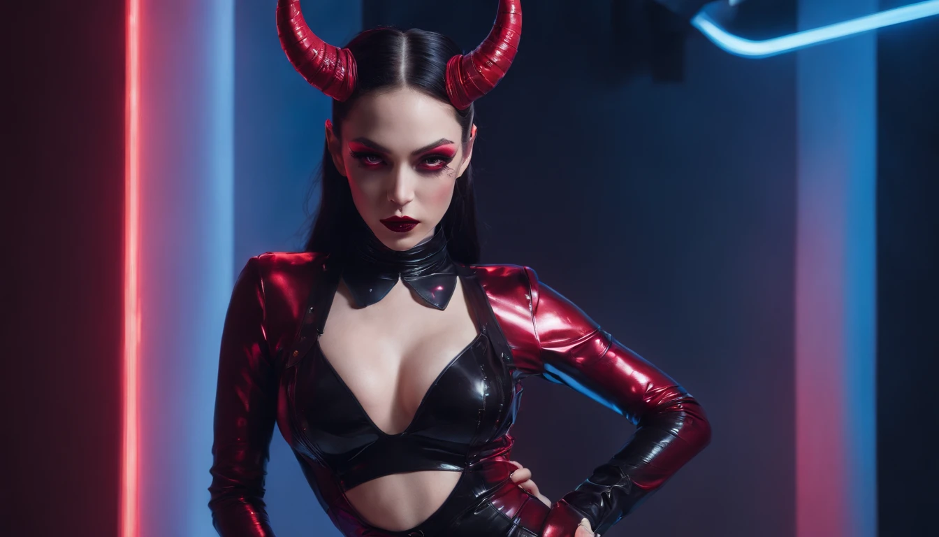 demon woman with horns dressed in latex leotard posing for a photo, sensual pose, upper body, red neon lights, darsynth vibes, goth aesthetics, high waisted thong leotard, leotard lingerie, latex lingerie, fetish lingerie, dark and intricate, gothic and futuristic, perfect body, red lights, gothic - cyberpunk, ultra detailed, hyper realistic, masterpiece.