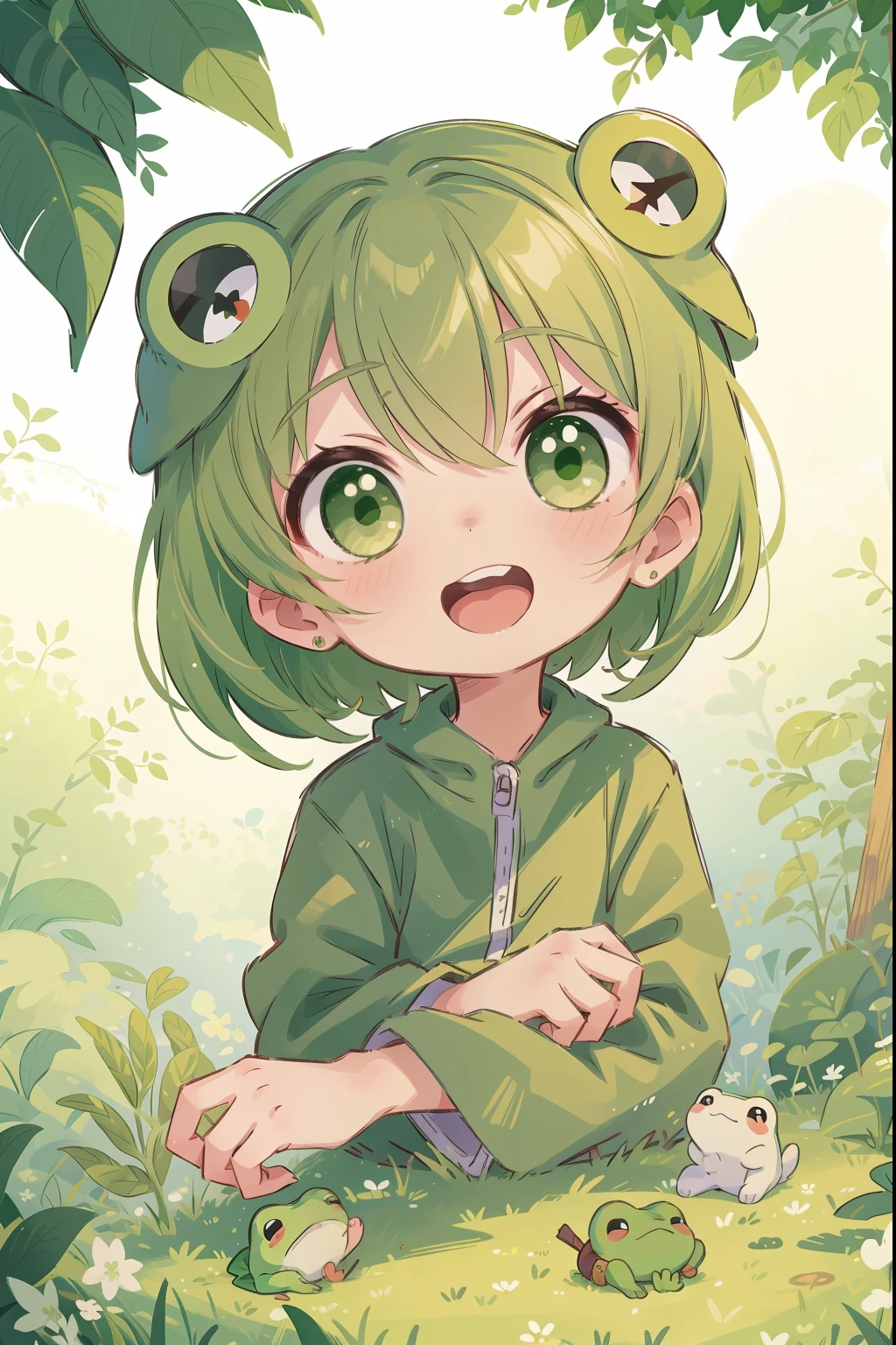 nsfw,{{masterpiece}},{{best quality}},Illustration,portrait,{1 girl}, An anime girl in a green frog costume