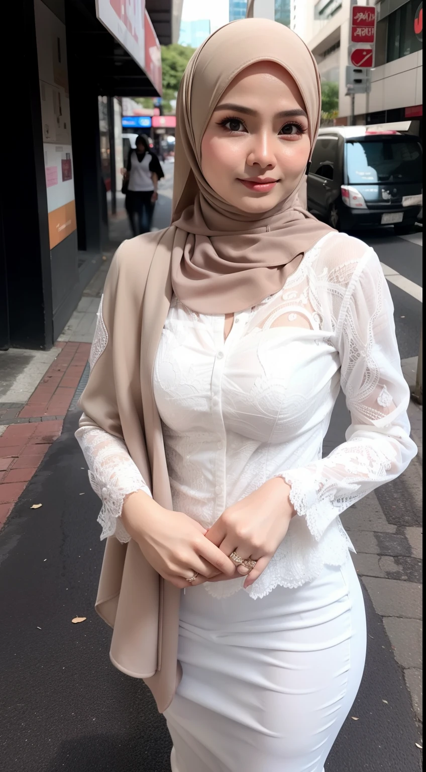 Matured malay women in hijab wearing white lace underwear lost in a middle of a busy city street, ultra realistic, beautiful matured malay woman, professional photography, ray lighting, milf,