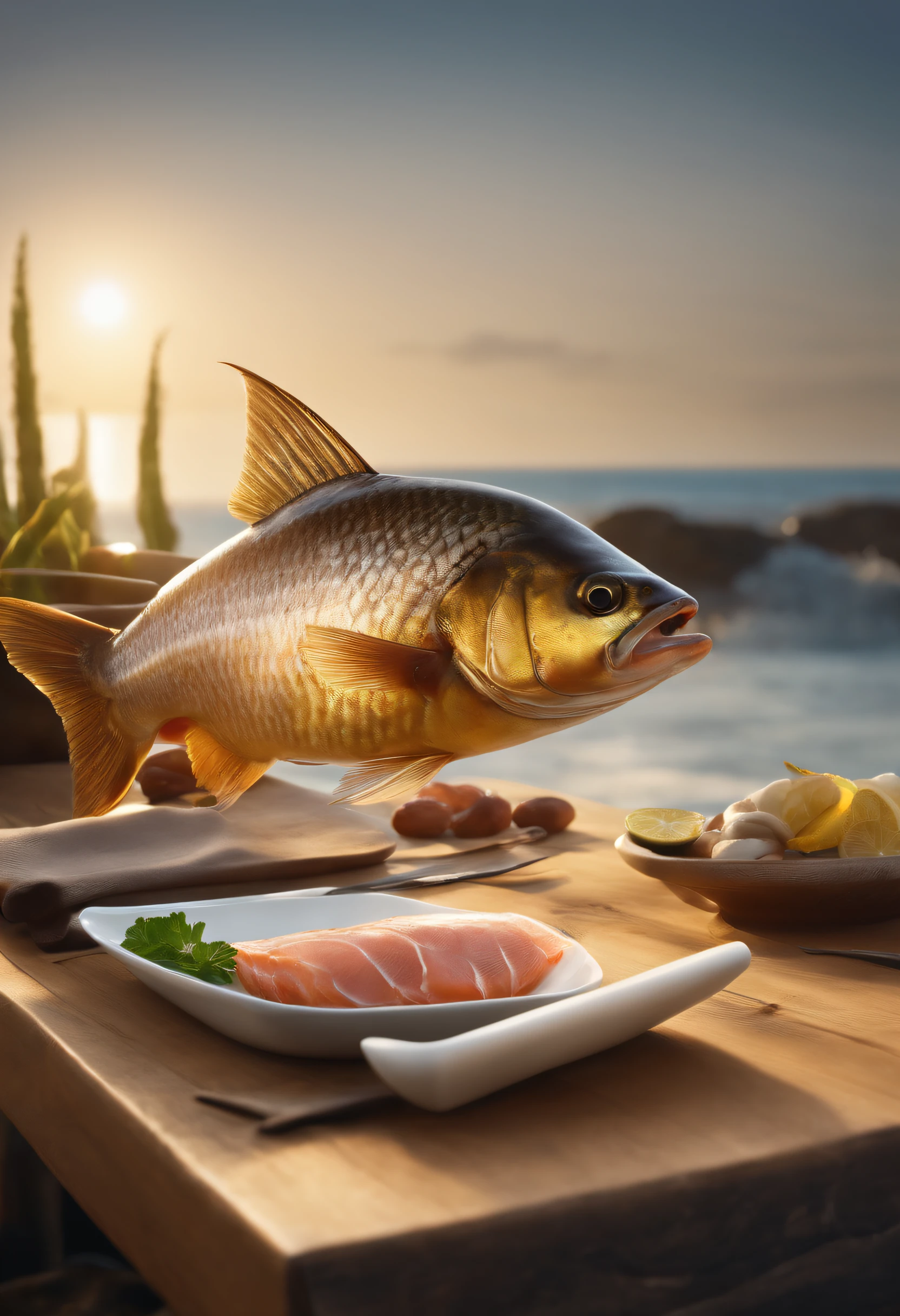fish, A stunning display of a freshly caught ocean fish on the table, captured in a hyper realistic style with studio lighting and professional photography, isolated empty background, Realistic cinematic photos, Ultra HD, Realistic, Vivid colors, Highly detailed, Perfect composition, beautiful detailed intricate insanely detailed octane render trending on artstation, 8K, photorrealistic concept art, soft natural volumetric cinematic perfect light