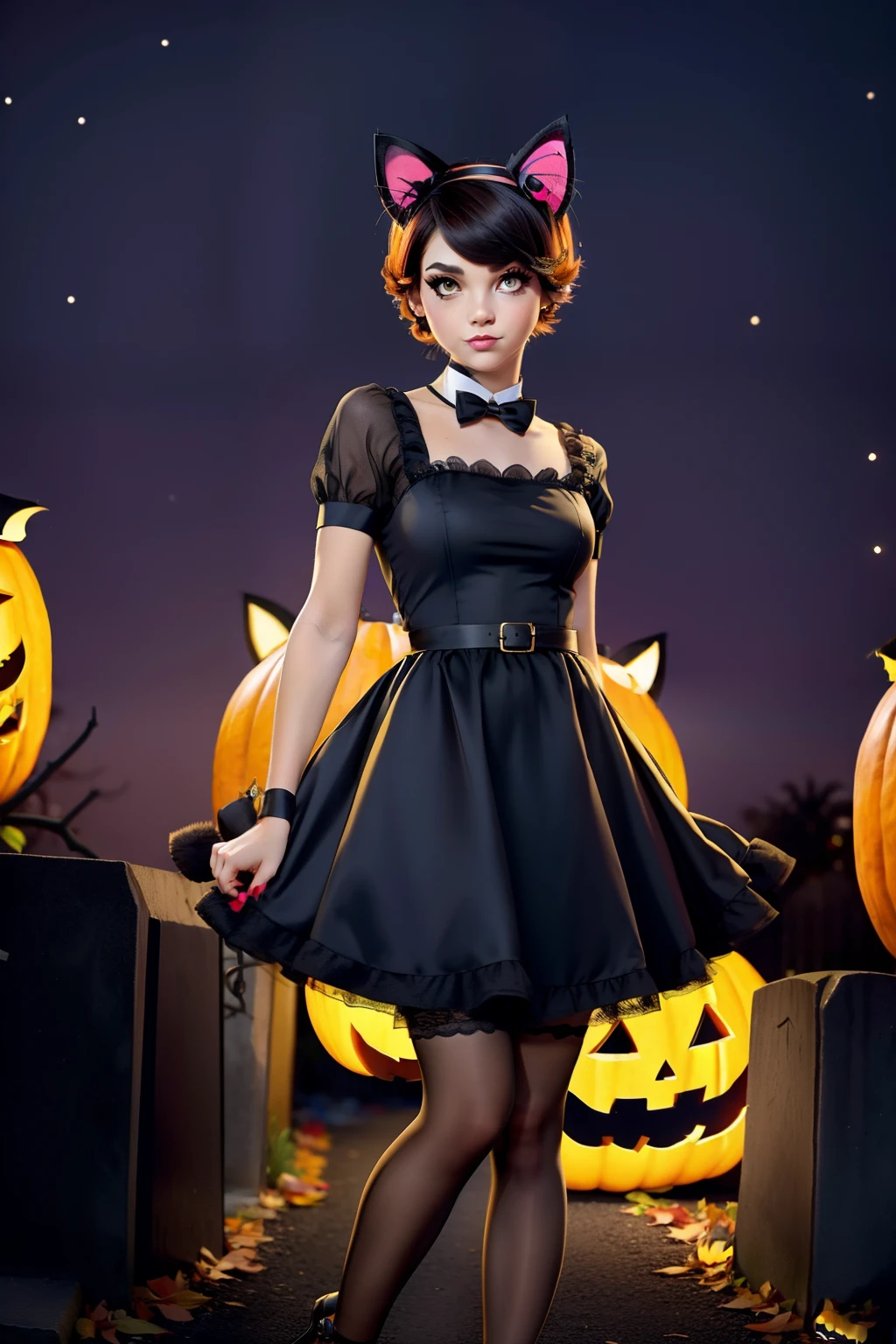 Girl in cat Halloween costume, with cat headband, gradient caramel short hair Emo Pin up Girl, cat tail, halloween dress, Striking a pose, natural make up, skinny girl, innocent, night in a grave
