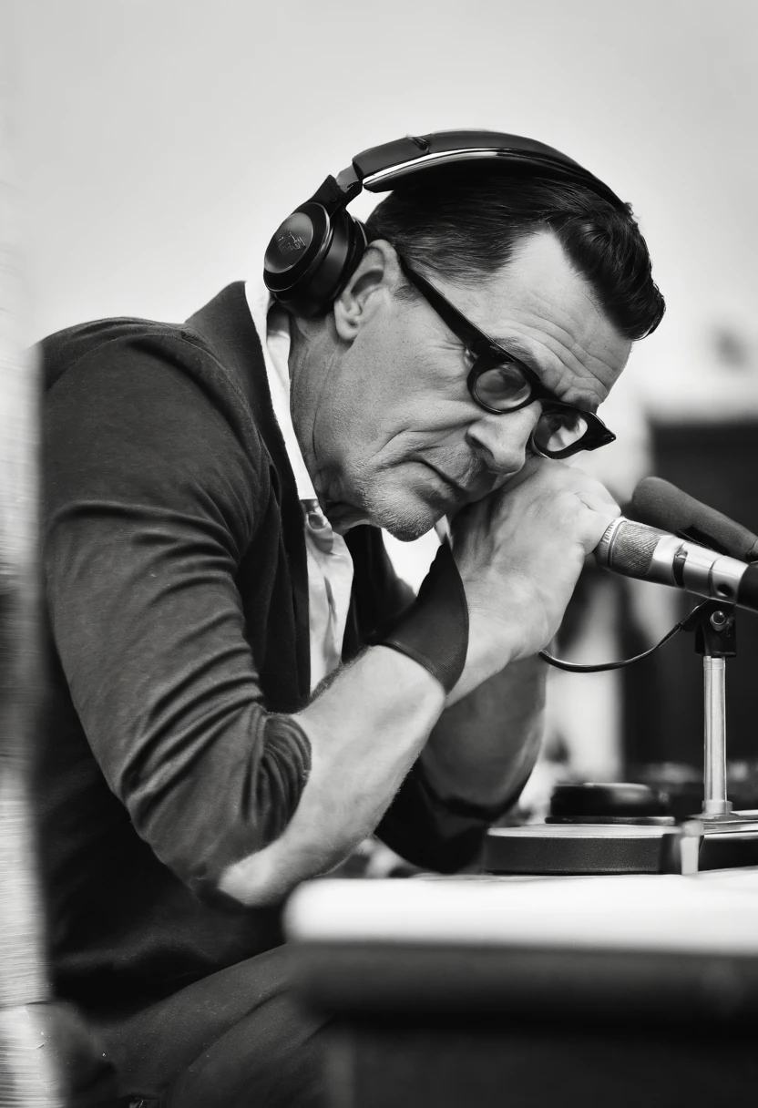 a man in headphones sitting in front of a microphone, sitting in front of a microphone, cory, giga chad crying, taken in the early 2020s, luke evans, liam brazier and nielly, solid background, taken in the late 2010s, giga chad, amazing background, absolute chad, 3 2 - year - old man