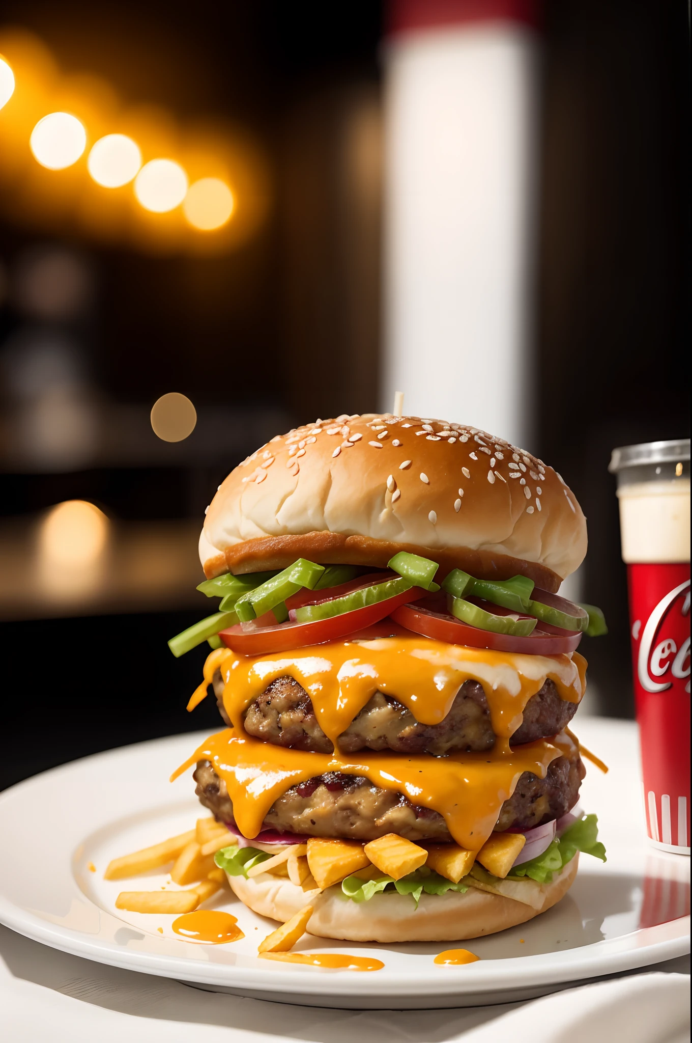realistic epic Food photography of a cheesy burger meal, with a shallow depth of field, elegant plating, and dim and fantasy lighting ,background of a modern art cafe, the smell permeated in the air, portrait photo, 4k, close up shot, shot on dslr camera, tilt blur, with candle lights, a painting on its side, with soya and chilly sauce, zinger burger, with cheesy french fries alongside, a coke with bright ice cubes in it, all the background in portrait, and burger on main focus
