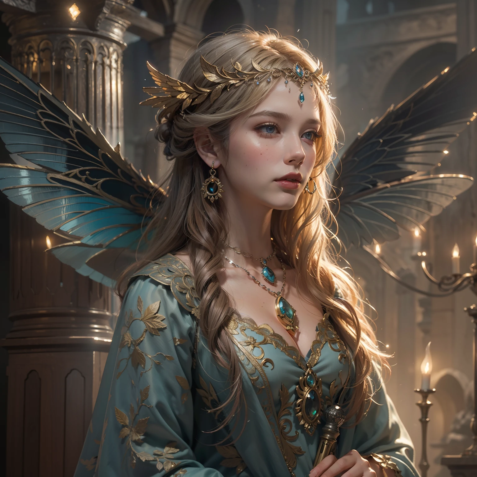 Taylor swift as (Numerous award-winning masterpieces, with incredible detail, textures and maximum detail), (full-body standing image:1.8), (upper body up:0.3), (hyper realistic:1.4), (realistic:1.3), (best quality real texture skin), (Beautiful fairy high rank wizard: 1.7), (holds a long wizard's staff that is elaborately decorated and emits a mysterious light: 1.7), (finely detailed true circle Symmetrical eyes), (finely drawn beautiful face), ((medieval world)), (Wearing a wizard's black hat: 1.6), (A jet-black cloak with delicate decorations: 1.6), (A cloak with delicate decorations, although it is damaged and faded: 1.5), (full-body standing image:1.8), (Beautiful clear eyes), (slight smile), (beautiful colored eyes full of joy), (Advanced fairy wizard who releases magic from his fingertips: 1.3), (Shining majestic cloud masses and sky:1.4), (Magic circle that emits light strongly: 1.3), Dramatic Light, majestic sight, (Four large, transparent wings with wing veins similar to dragonfly wings behind the shoulders: 1.9), (((folded wings))), Glass earrings on the ears, (((dramatic photo))), (full-body standing image:1.8),  (golden hair), (silver hair), (chestnut hair), Short cut hair, ((looks up)), ((looking down)), (Around her neck is a simple necklace of exquisite workmanship), Old ruins infested with plants, great temple, great cathedral, temple ruins, detached temple, (Luminous magic circle), Ruins of an ancient castle, Deserted ruins, crumbling ruins, Ancient ruins with clear water, highly detailed, ultra-realistic, intricate details, painting (artwork), ((masterpiece,best quality)), ((cinematic light)), hyper realistic, fearsome, dark fantasy, Sacred Light, epic realistic, faded, ((neutral colors)), art, (hdr:1.5), (muted colors:1.2), hyper detailed, (art station:1.5), cinematic, warm lights, light effect, dramatic light, (intricate details:1.1), complex background, (Greg Rutkowski:0.8), (teal and orange:0.4), Wood Kingdom in background