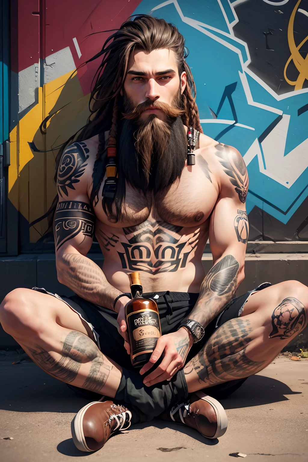 A  man with beard, sitting, whiskey, full body tattooed, long dred lock hair, a graffiti wall