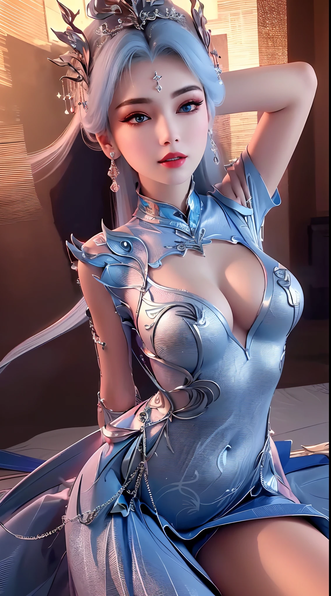 An extremely beautiful girl, ((wearing a super thin short nightgown:1.8)), nightgown with deep slit in the chest, sexy red lace short nightgown, ((supine position with chest up:1.5)), sexy nightgown style, long hair and silver bangs with a hint of light blue, the most beautiful and detailed hair jewelry, beautiful little face thin eyebrows, the most beautiful and spotless face, ((black iris:0.8)), the very beautiful eyes, big round eyes, ((blue color eyes:1.1)), fine and detailed makeup eyelashes, high nose, wearing earrings, small red lips, rosy face, clean face, beautiful face without blemish, smooth white skin, ((big breasts: 0.9)), Blums boobs, ((big and super round breasts:0.9)), ((super tight breasts:1.2)), ((breast augmentation: 0.8)), beautiful breasts, slim and petite body, ((thin waist: 0.9)), upper body of a beautiful girl, sexy girl, ((Open your legs: 1.6)), unashamed, ((chubby body:1.6)), 8k photo, super high quality, super realistic, 10x super pixels, photo realistic, dark studio, border light, two tone light, (detailed skin high: 1.2), 8k uhd, dslr, soft light, high quality, volumetric light, candid, Photo, high resolution, light, best photo, 4k quality, 8k, Bokeh, Smooth and sharp, pixel up 10 times, lightning, super graphics, the most realistic graphics, (((Luxurious bedroom and bed background: 1.6))), 1 girl, alone, solo, ((frontal portrait:1.5)), Extremely sharp, super realistic images."