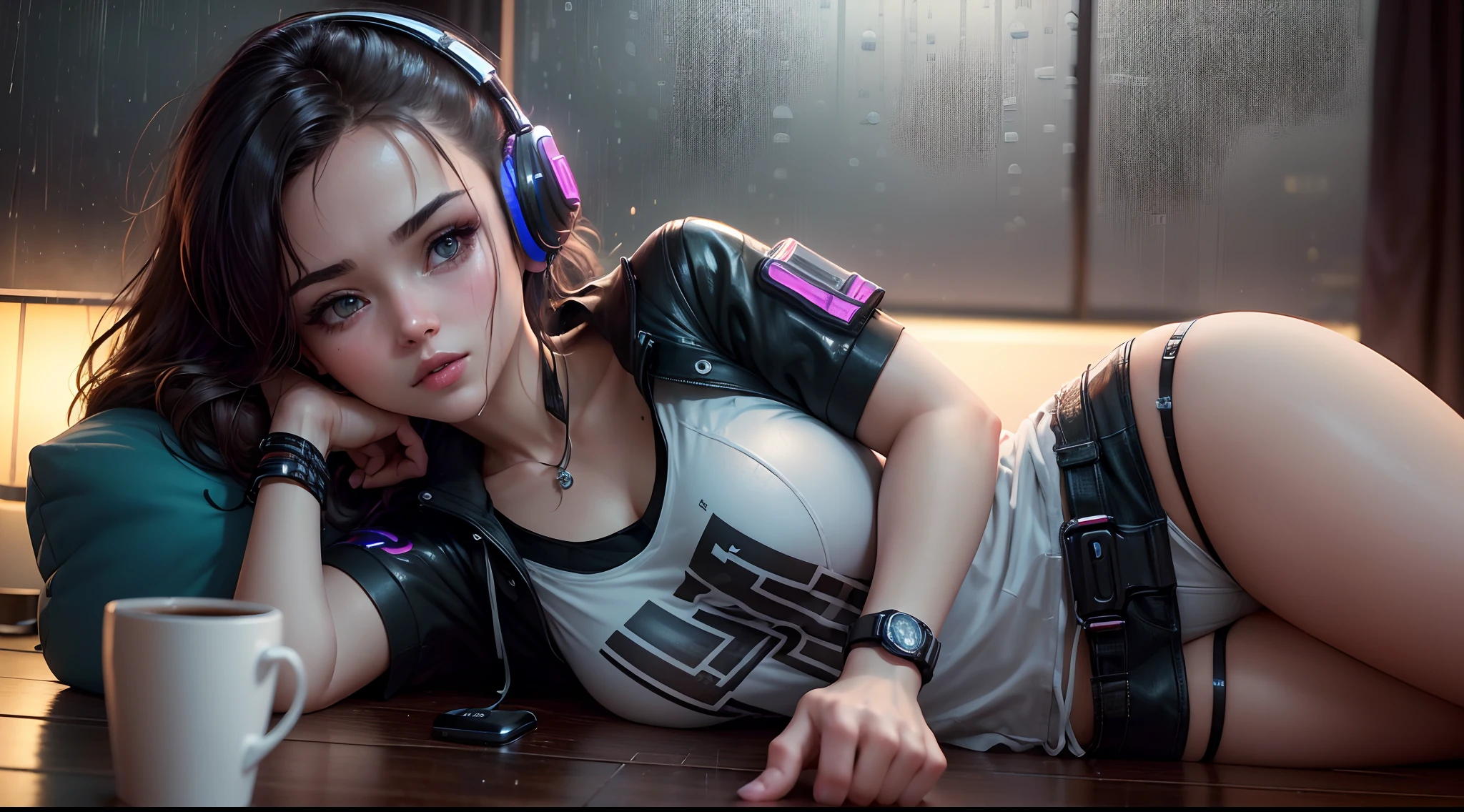 (Best quality, 4k, Masterpiece :1.3), ((rainy night: 1.5)), Girl 20 years brunette , cyberpunk lo-fi, in the bedroom, listening to music on pc, coffee cup on the table, headphones, open window on rainy night, white top glued, short shorts, wearing socks, ultra detailed, full cyberpunk headset, intricate details, 16k