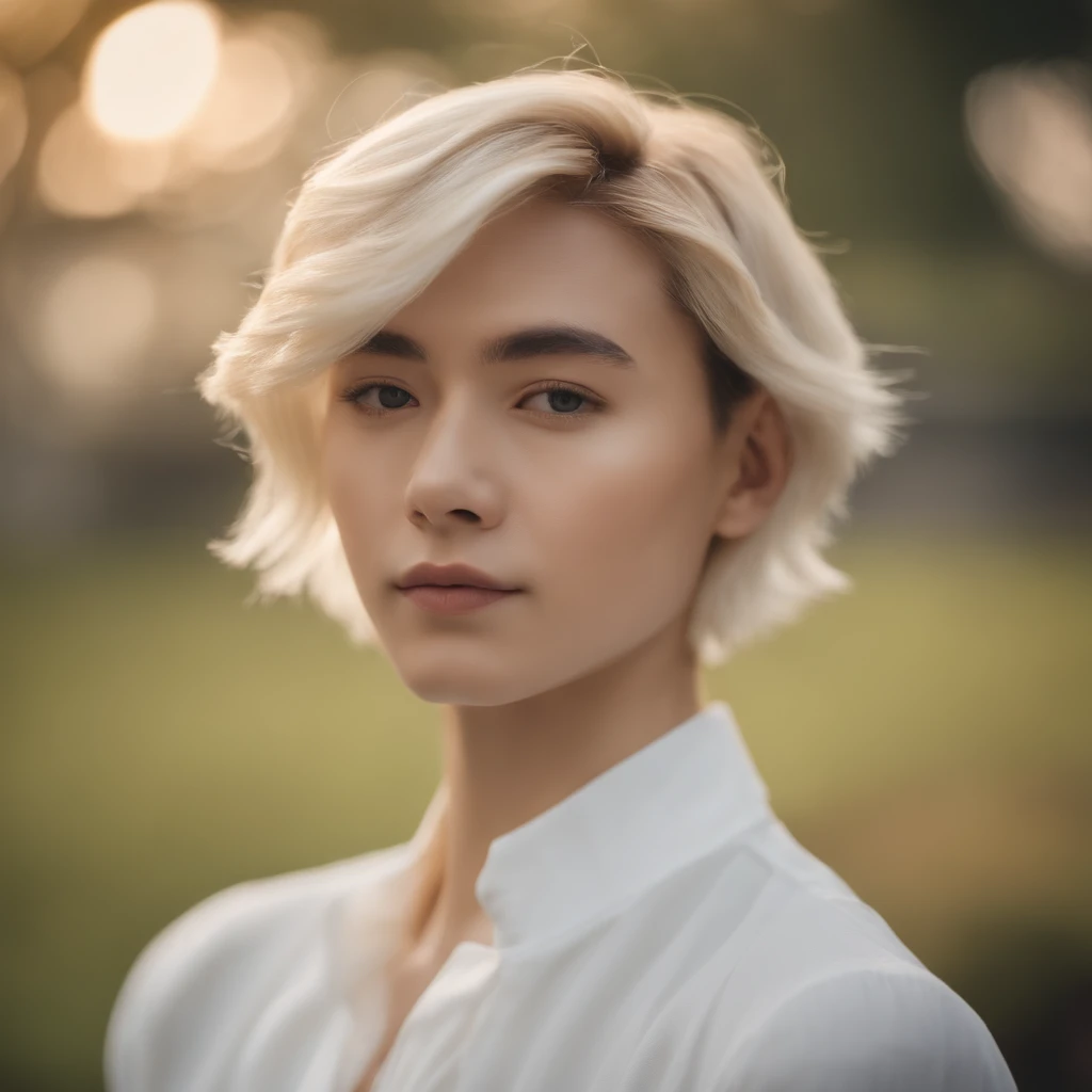 Japan boy with medium blonde hair in medium haircut looks at camera, delicate androgynous prince, beautiful androgynous prince, androgynous face, Magnificent non-binary model, Tomboy Short Platinum Hair, Beautiful androgynous girl, Soft Portrait Photography 8K
