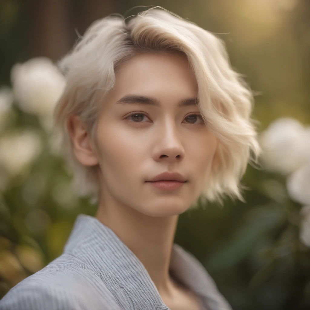 Japan boy with medium blonde hair in medium haircut looks at camera, delicate androgynous prince, beautiful androgynous prince, androgynous face, Magnificent non-binary model, Tomboy Short Platinum Hair, Beautiful androgynous girl, Soft Portrait Photography 8K