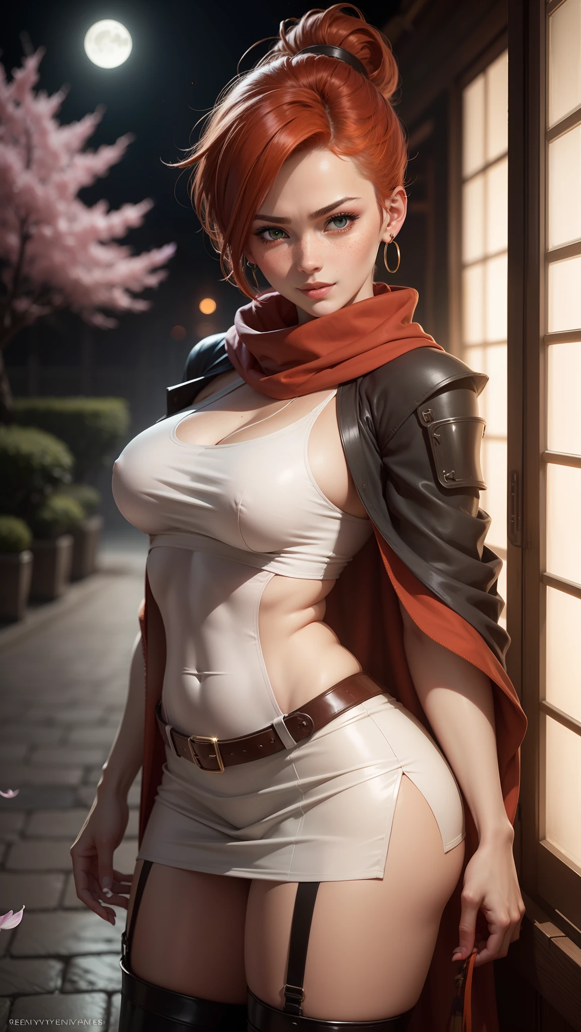 gwen tennyson,rebecca chambers,mai shiranui,tracer,samurai outfit,japan,kimono, steel armor,teenager,green eyes,garter belt, thigh high boots,short hair,orange hair,moonlight,cherry blossom,shy smile,white striped top,bodycon skirt,freckles,redhead,beautiful girl, large breasts,ultra detailed,realistic,ninja scarf, ninja cloak,small earrings,