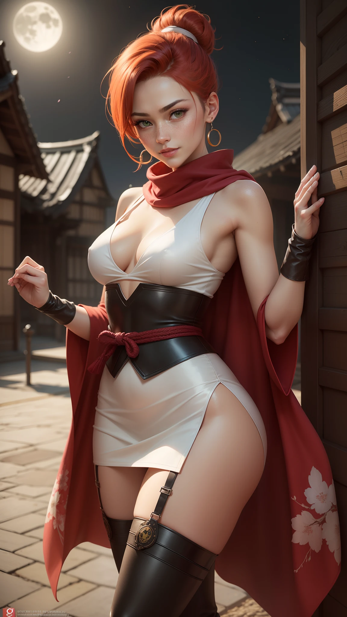 gwen tennyson,rebecca chambers,mai shiranui,tracer,samurai outfit,japan,kimono, steel armor,ager,green eyes,garter belt, thigh high boots,short hair,orange hair,moonlight,cherry blossom,shy smile,white striped top,bodycon skirt,freckles,redhead,beautiful girl, large breasts,ultra detailed,realistic,ninja scarf, ninja cloak,small earrings,