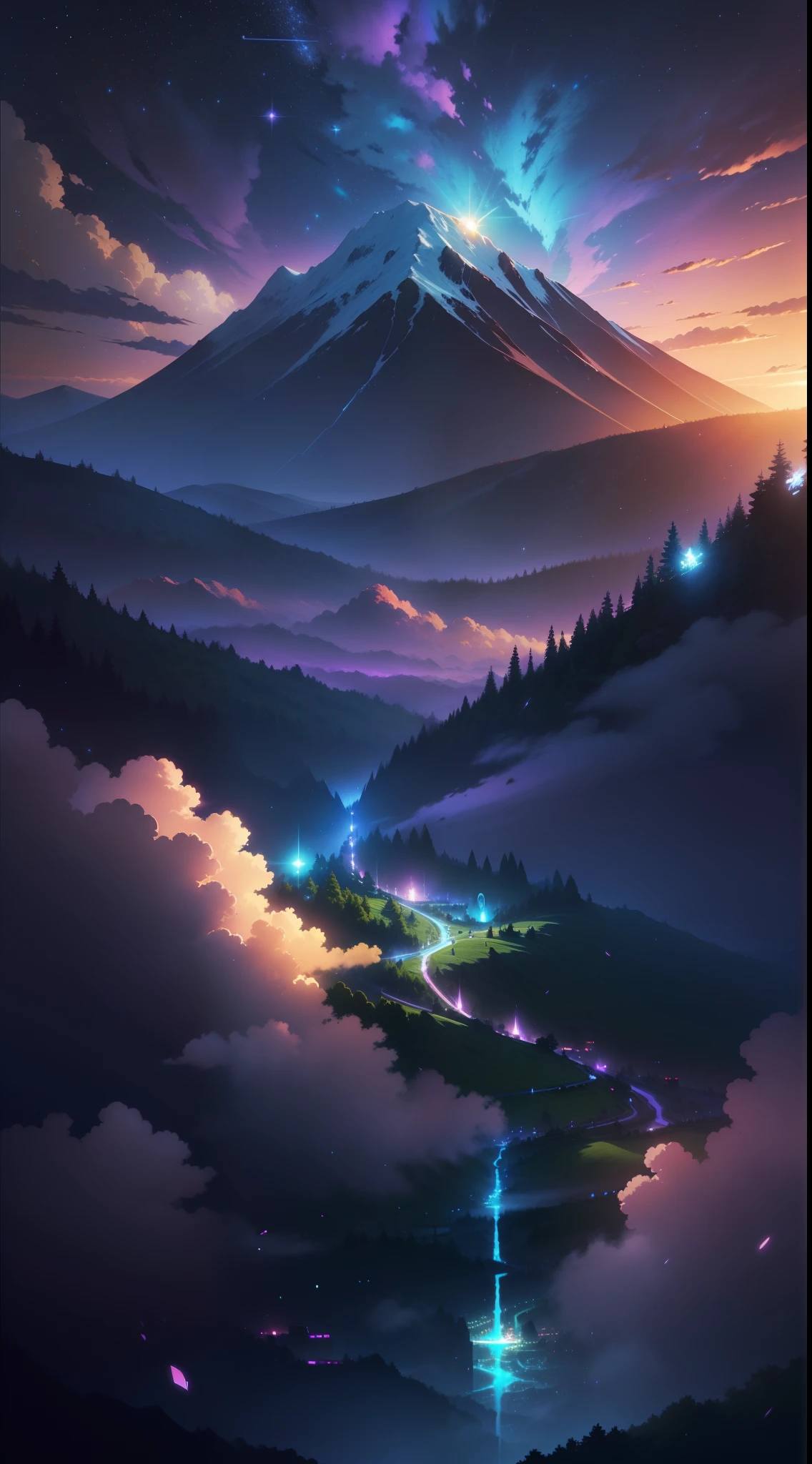 The picture is bright and well lit. no humans. (((Makoto Shinkai style)),pixiv,anime drawing,high quality,pink purple sky,beautiful scene),(universe,train passing,magical realism,((makoto shinkai style)) ::0.8), [Artistic Atmosphere, Atmosphere:0.8, Starry Sky, Hills, Snow Mountain, Sparkling Water, Grass, Trees, Smoke, Stars, Low Angle of View, Specular Scattering,